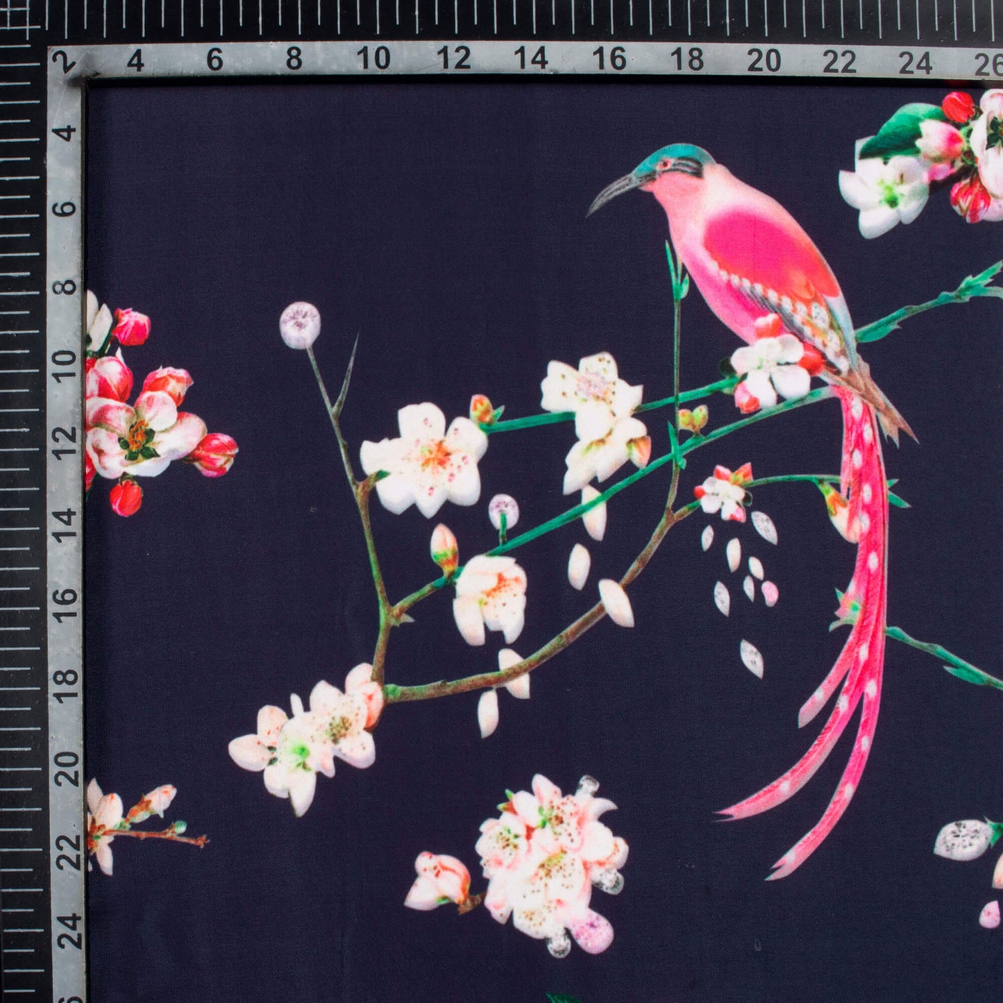 Navy Blue And Hot Pink Floral Pattern Digital Print Crisp Silk Fabric