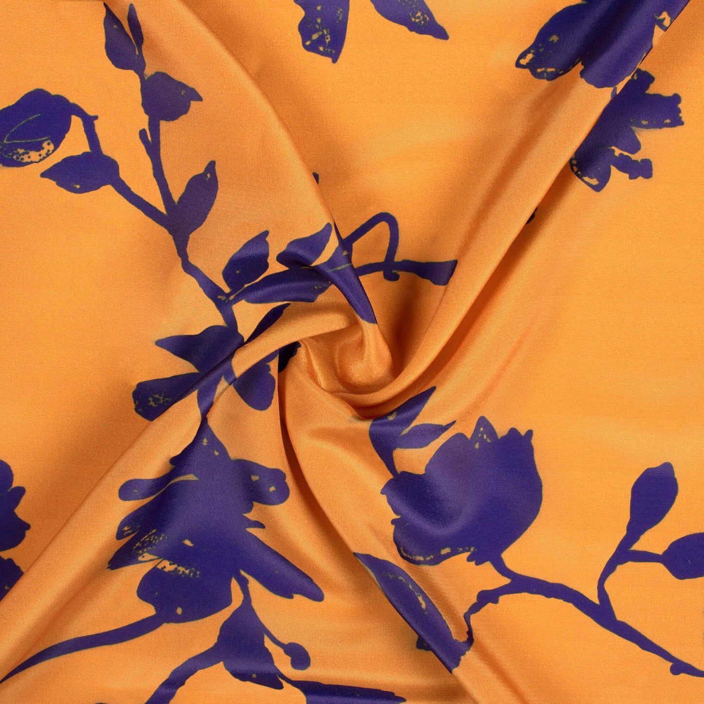 Apricot Orange And Royal Blue Floral Pattern Digital Print Crisp Silk Fabric