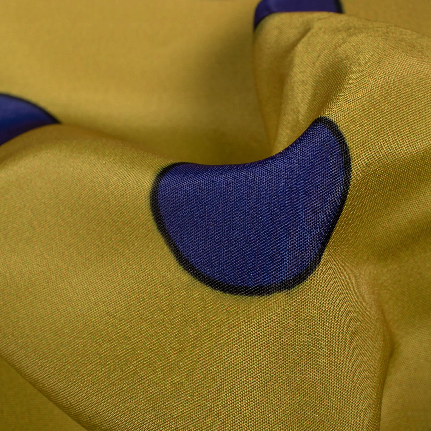 Ochre Yellow And Royal Blue Polka Dots Pattern Digital Print Crisp Silk Fabric