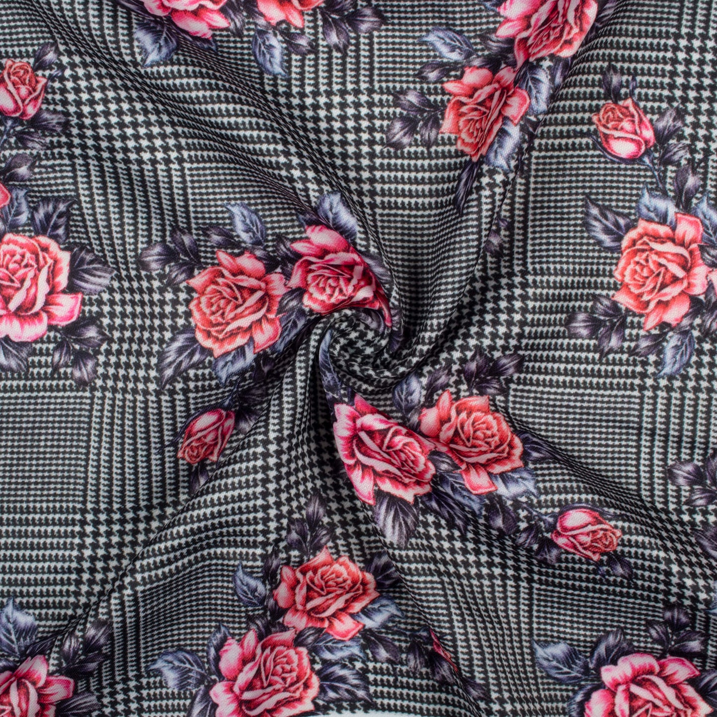 Black And Rose Pink Floral Pattern Digital Print Jam Satin Fabric