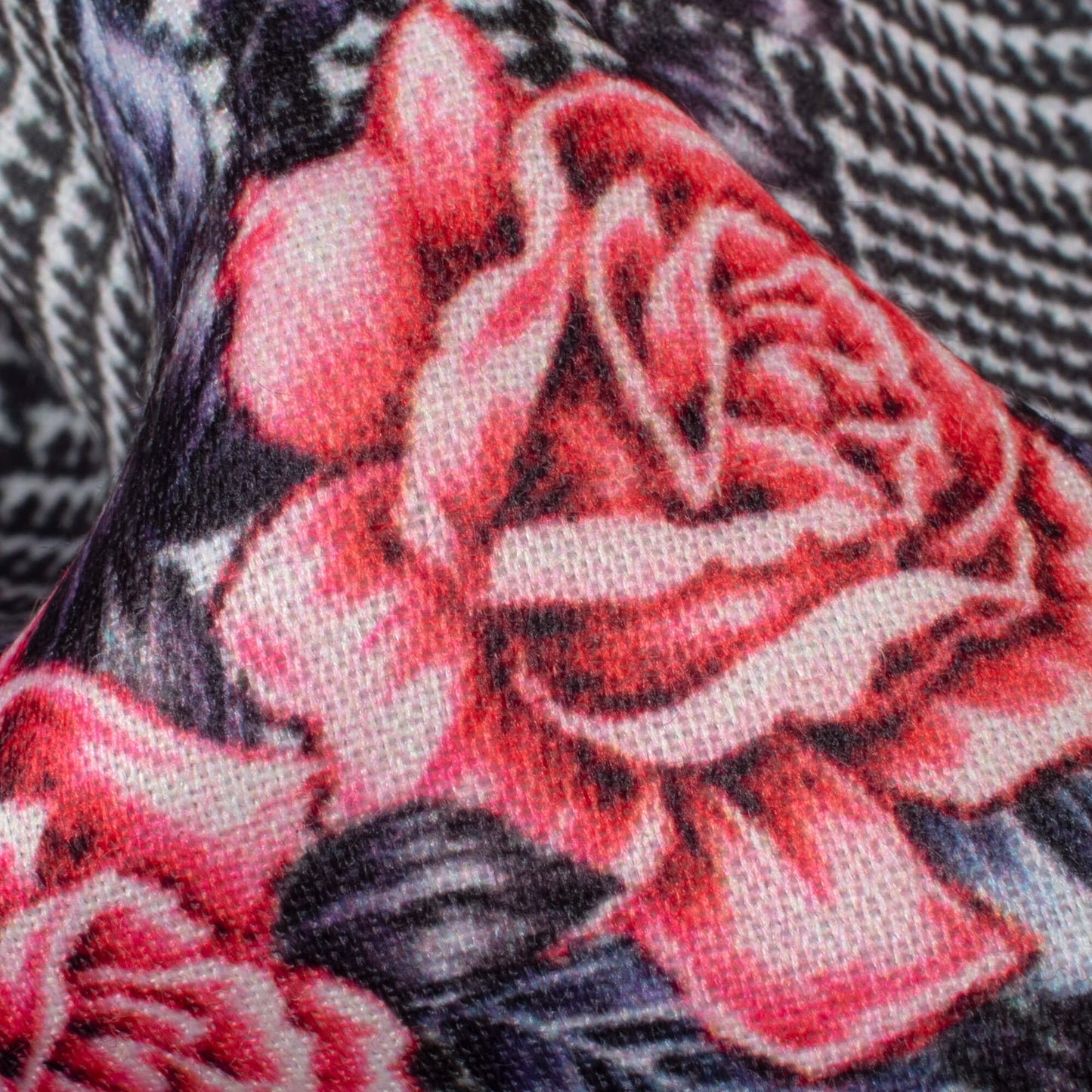 Black And Rose Pink Floral Pattern Digital Print Jam Satin Fabric