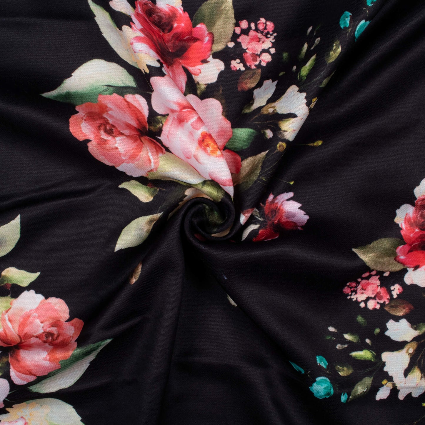 Black And Taffy Pink Floral Pattern Digital Print Jam Satin Fabric