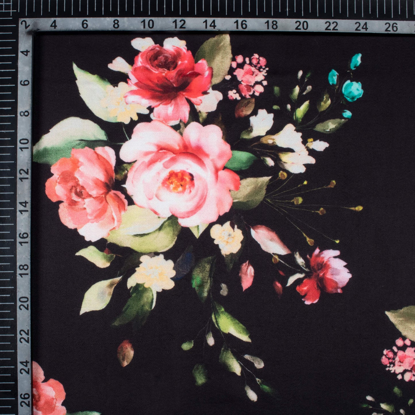 Black And Taffy Pink Floral Pattern Digital Print Jam Satin Fabric