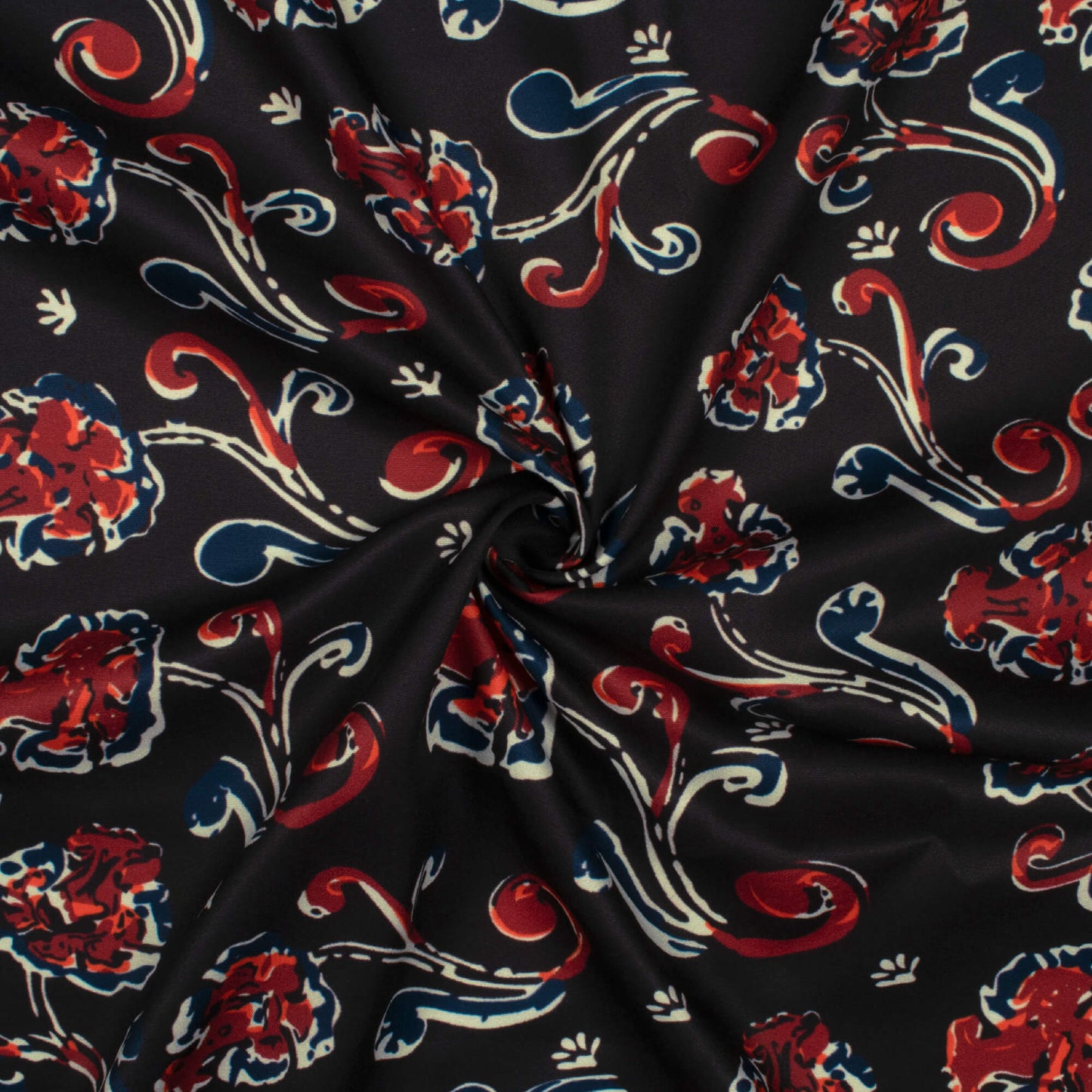 Black And Vermillion Red Floral Pattern Digital Print Poly Micro Crepe Fabric