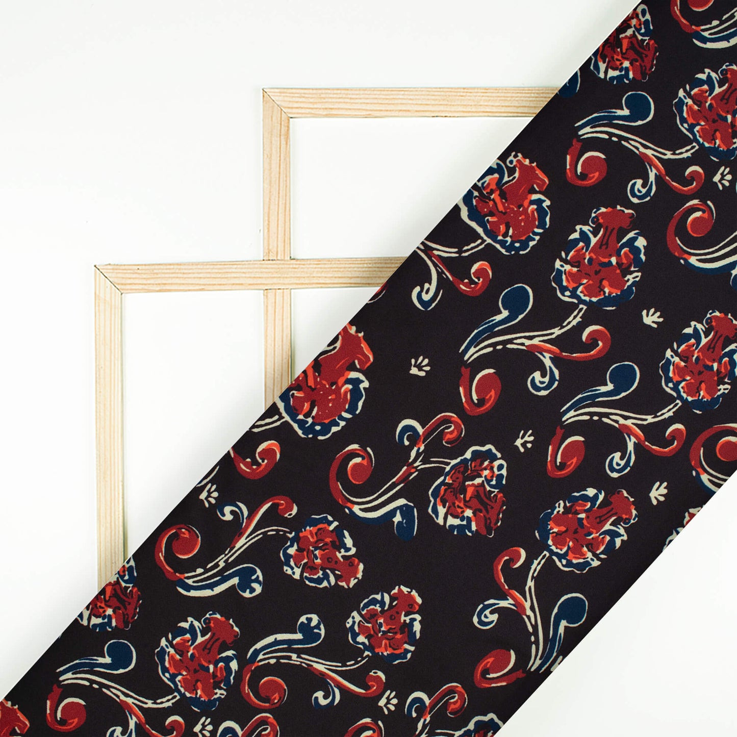 Black And Vermillion Red Floral Pattern Digital Print Poly Micro Crepe Fabric