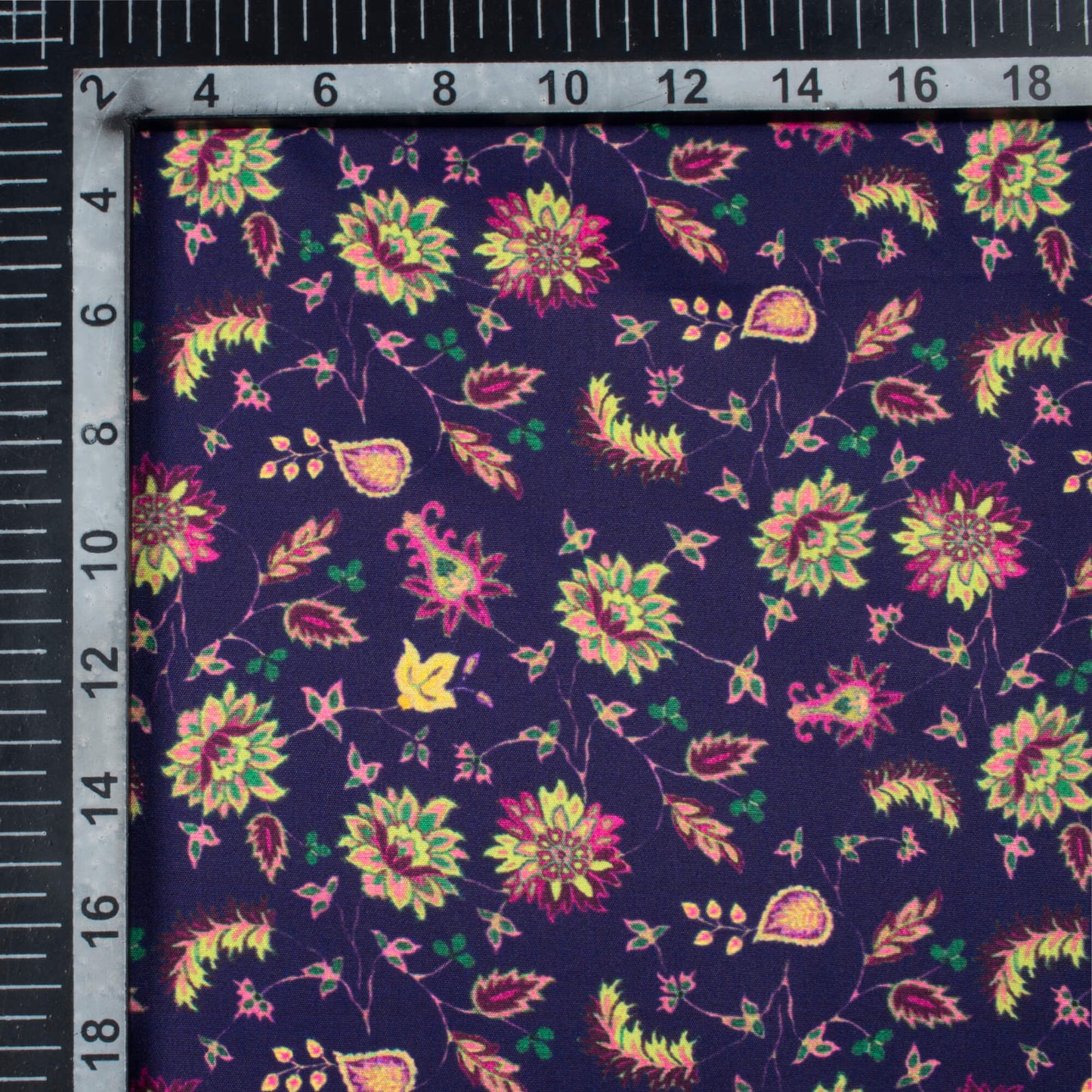 Indiigo Blue And Yellow Floral Pattern Digital Print Poly Micro Crepe Fabric