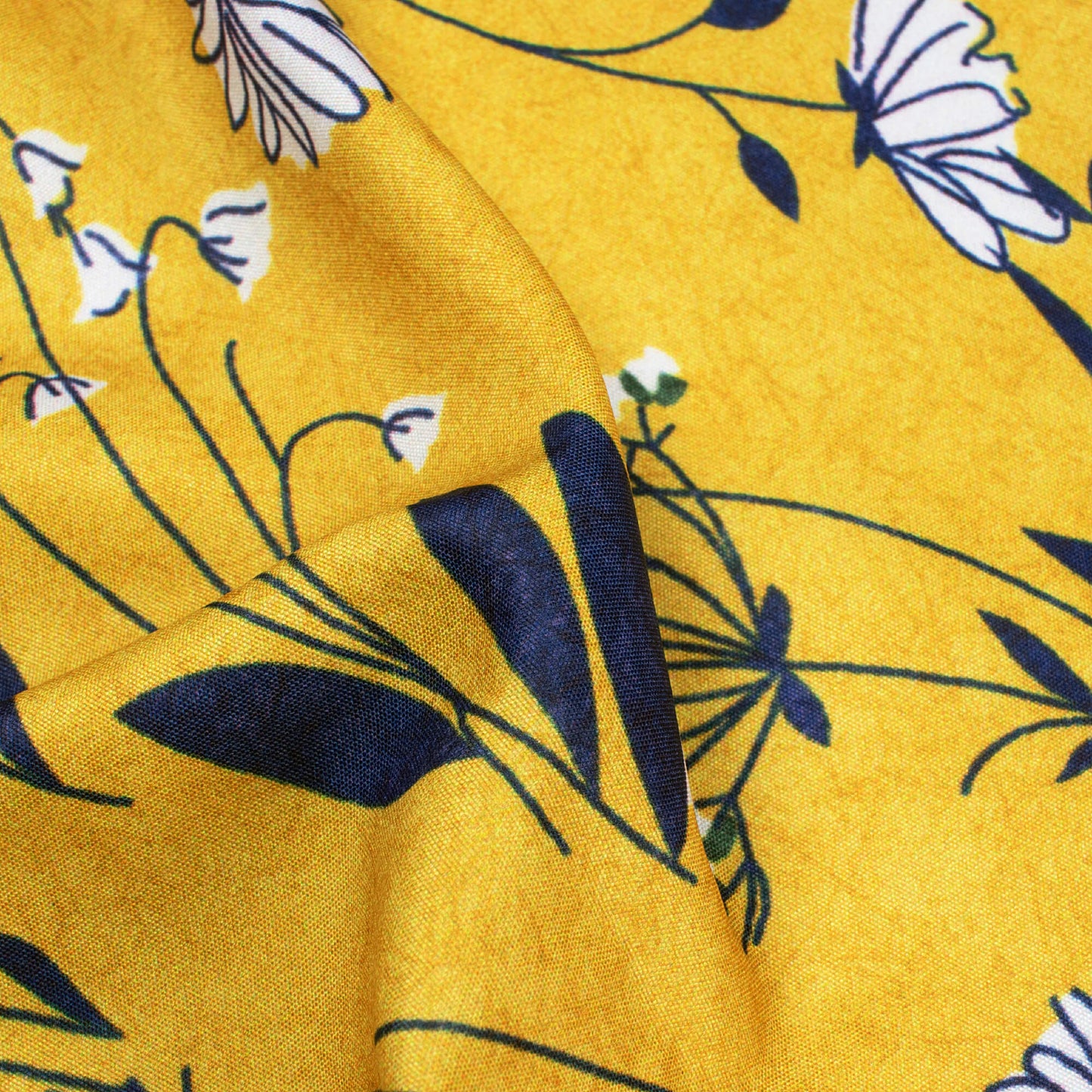 Cyber Yellow And Blue Floral Pattern Digital Print Poly Micro Crepe Fabric