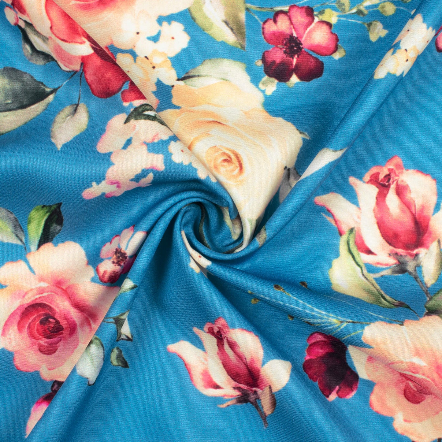 Cerulean Blue And Punch Pink Floral Pattern Digital Print Poly Micro Crepe Fabric