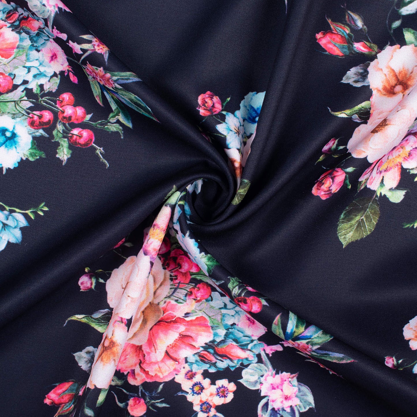Midnight Blue And Rose Pink Floral Pattern Digital Print Poly Micro Crepe Fabric