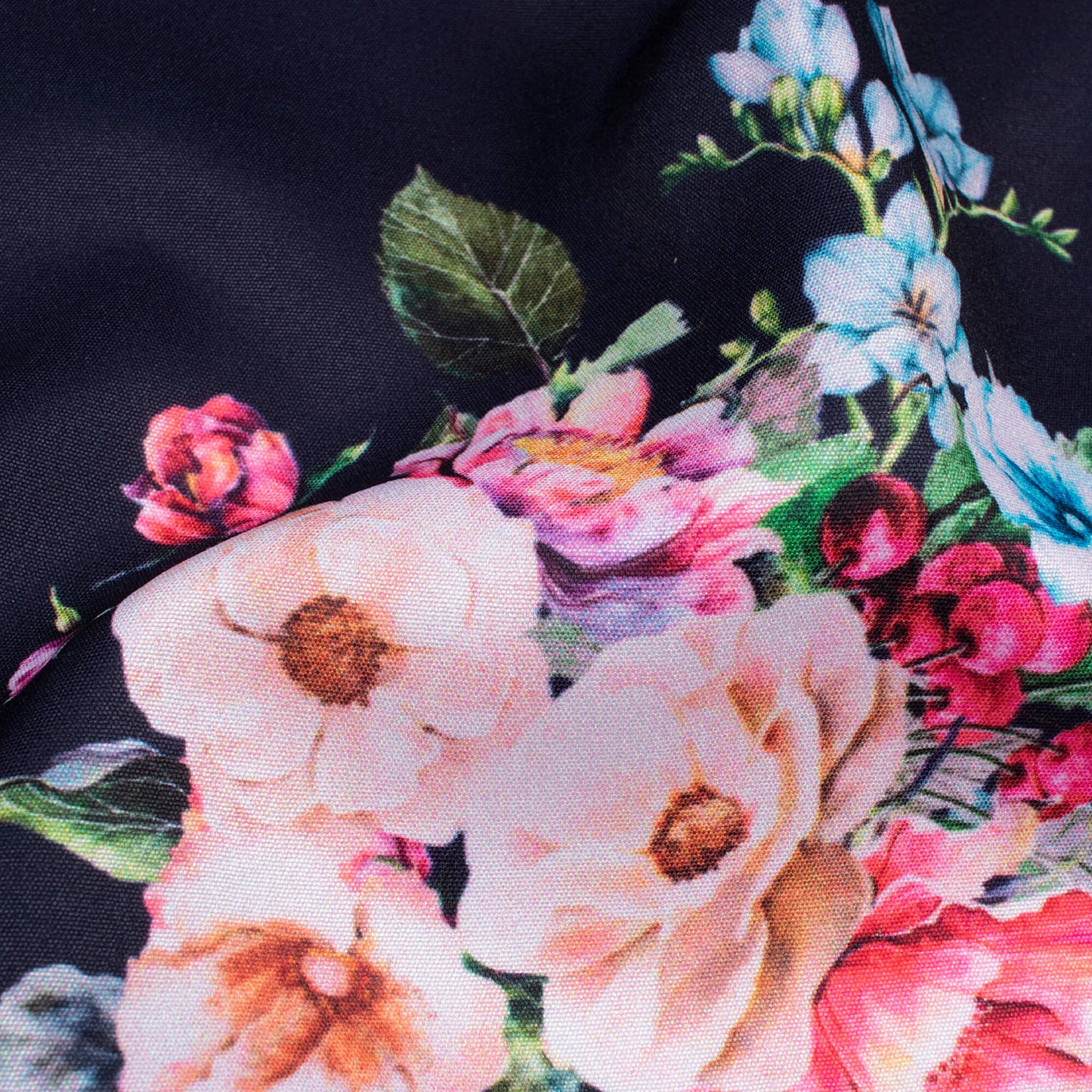 Midnight Blue And Rose Pink Floral Pattern Digital Print Poly Micro Crepe Fabric