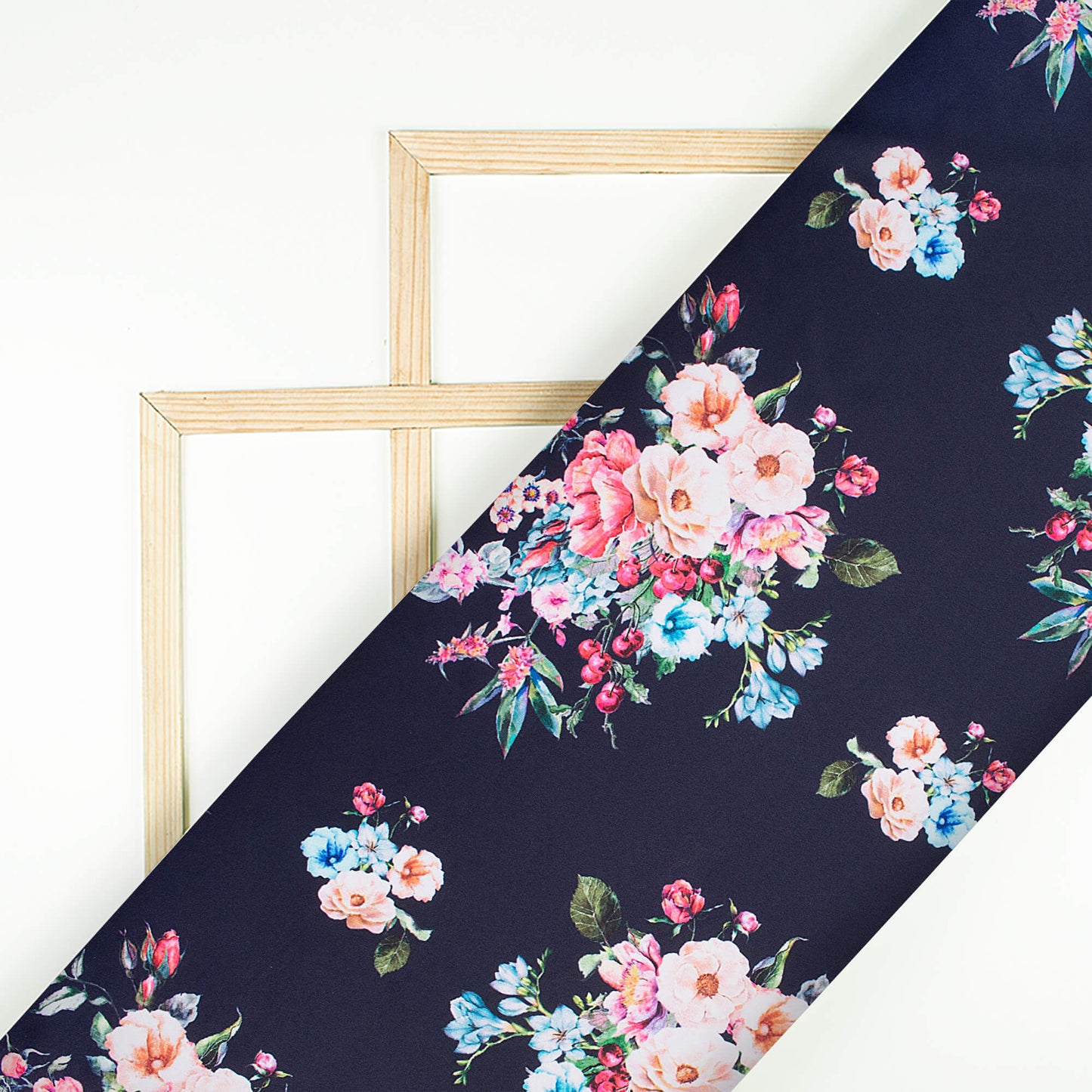 Midnight Blue And Rose Pink Floral Pattern Digital Print Poly Micro Crepe Fabric