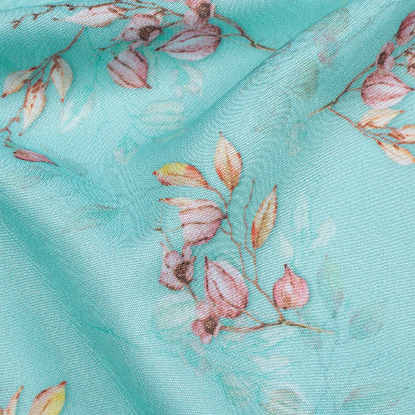 Sky Blue And Pink Floral Pattern Digital Print Poly Micro Crepe Fabric