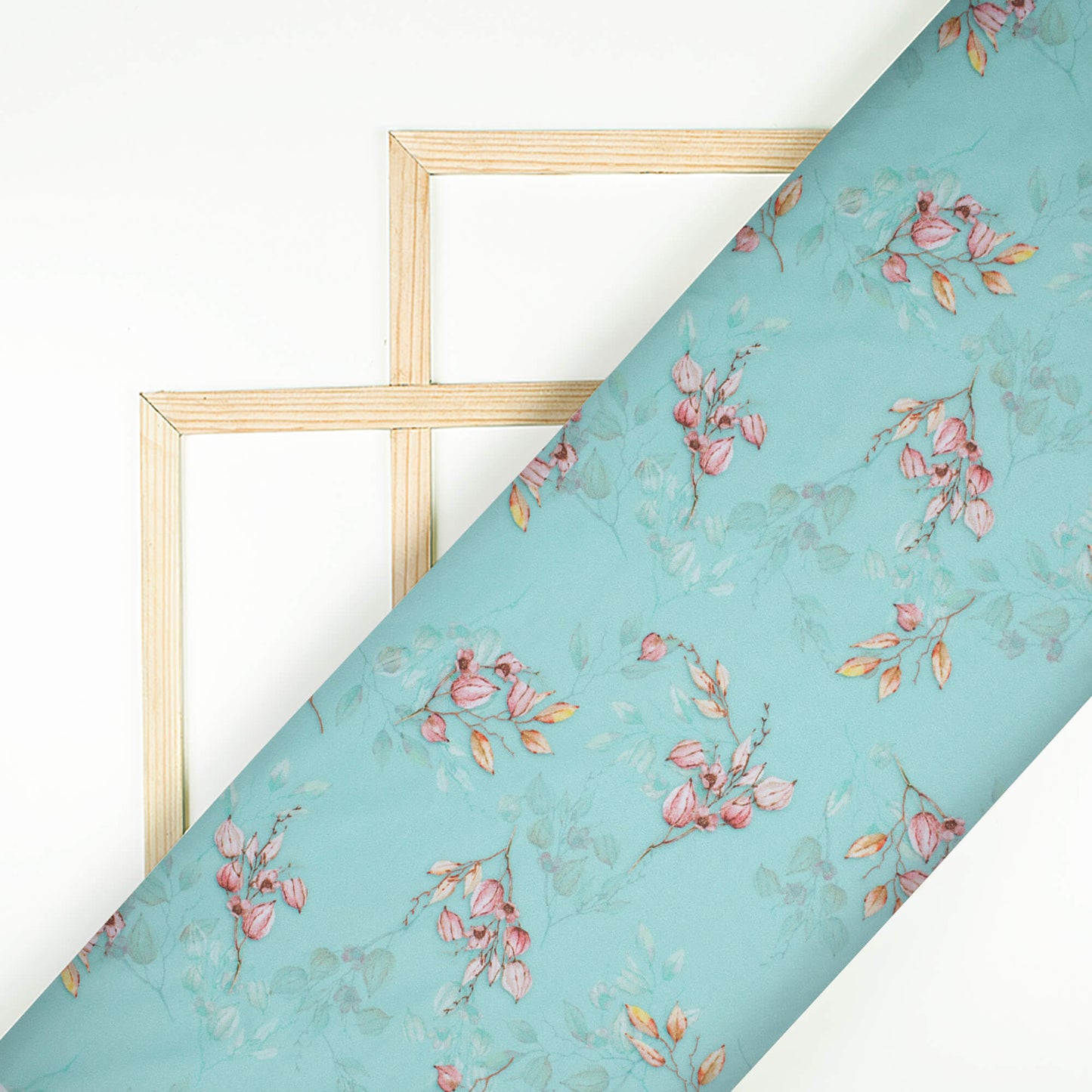 Sky Blue And Pink Floral Pattern Digital Print Poly Micro Crepe Fabric