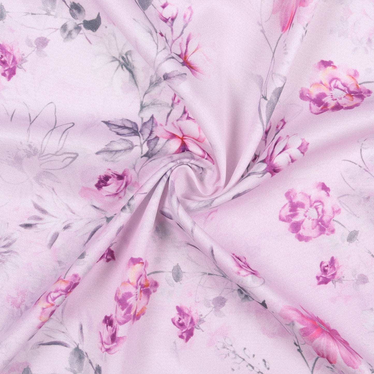 Rose Pink And Off White Floral Pattern Digital Print Poly Micro Crepe Fabric