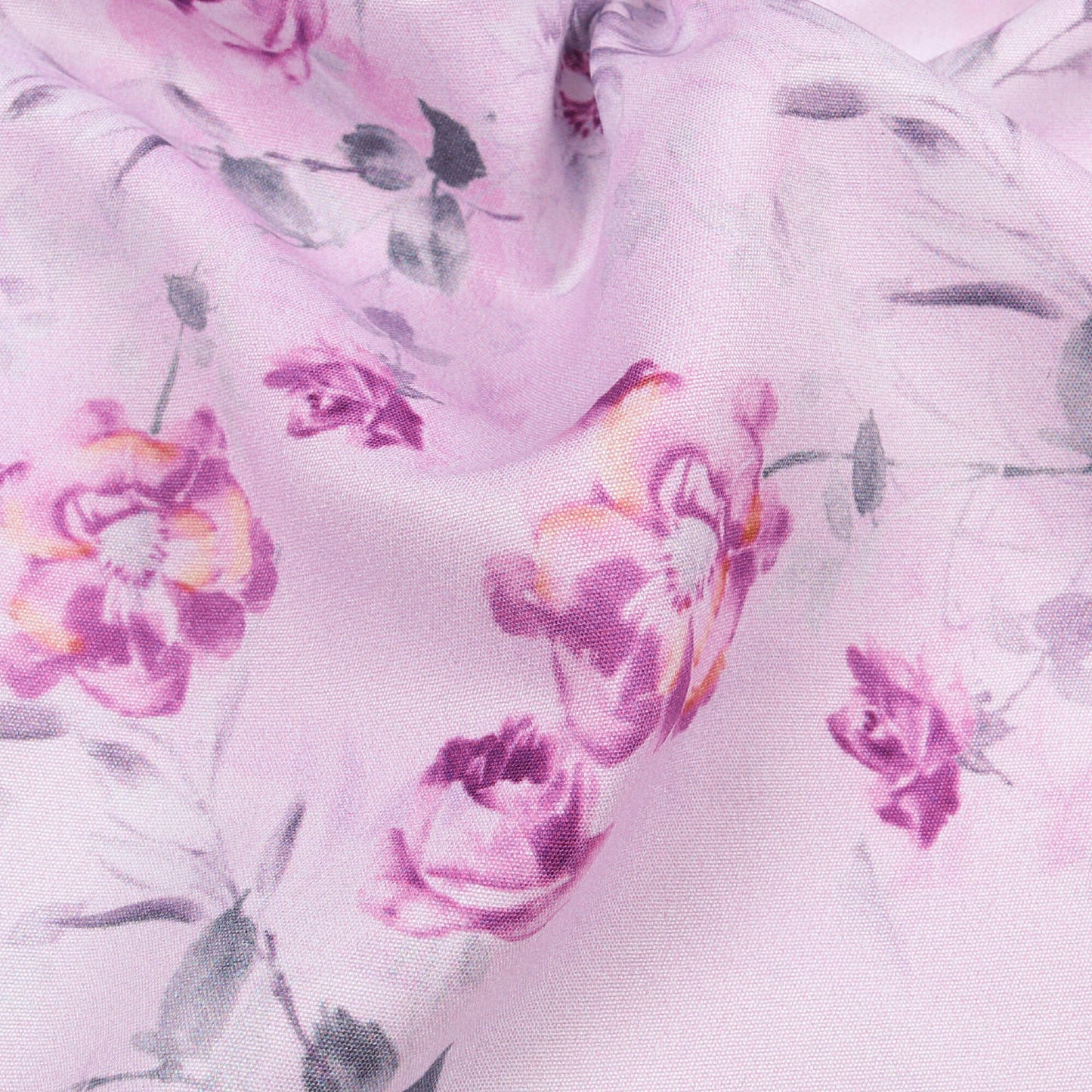 Rose Pink And Off White Floral Pattern Digital Print Poly Micro Crepe Fabric
