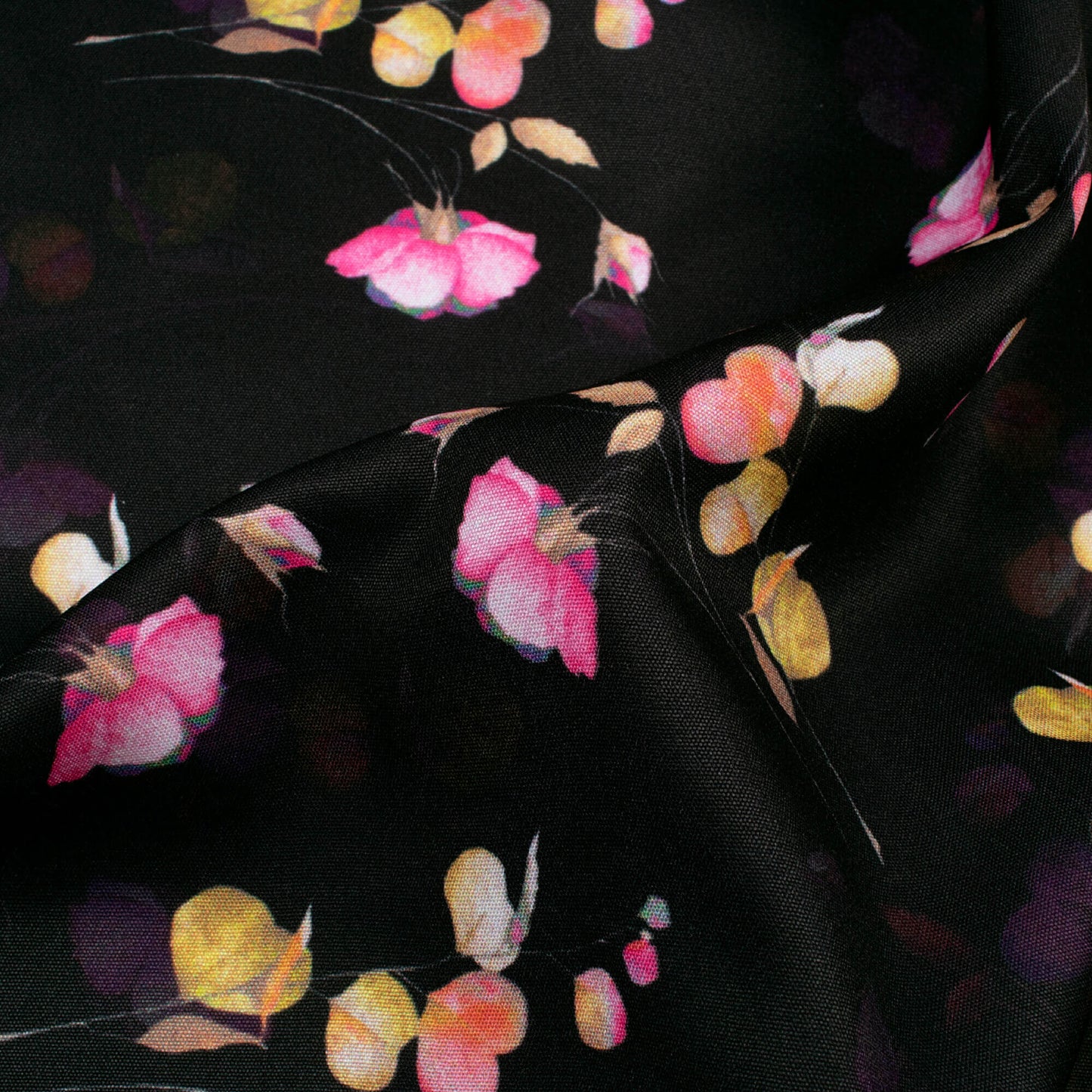 Black And Rose Pink Floral Pattern Digital Print Poly Micro Crepe Fabric