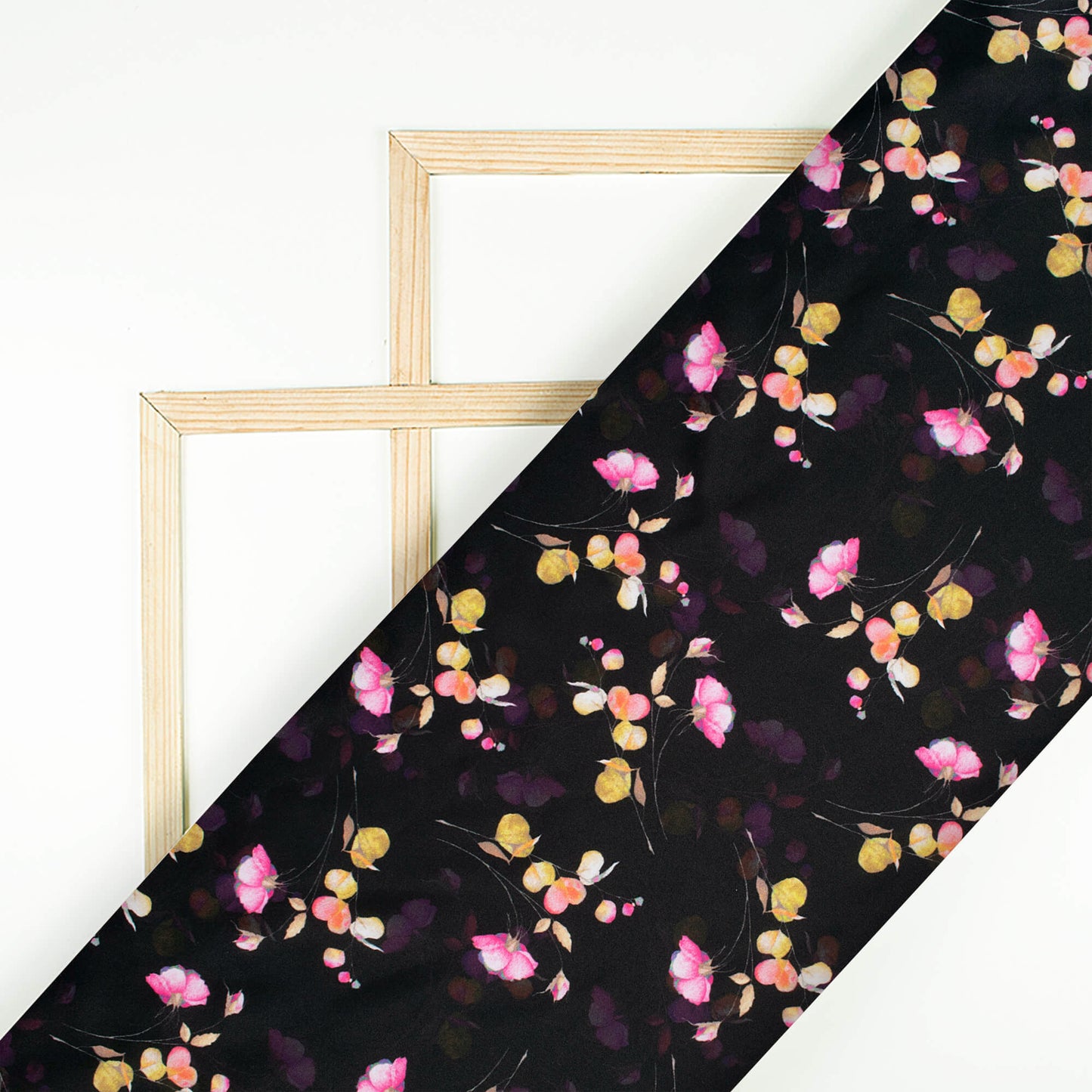 Black And Rose Pink Floral Pattern Digital Print Poly Micro Crepe Fabric