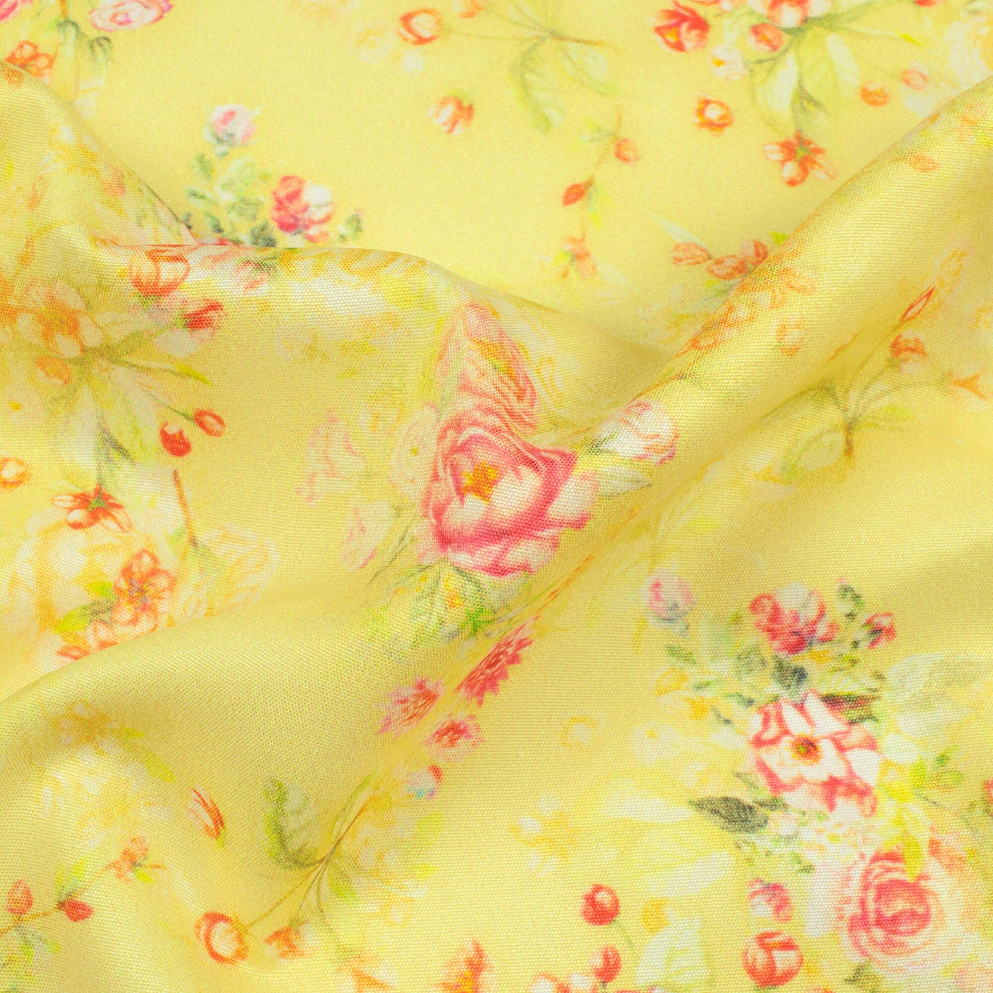 Pale Yellow And Pink Floral Pattern Digital Print Poly Micro Crepe Fabric