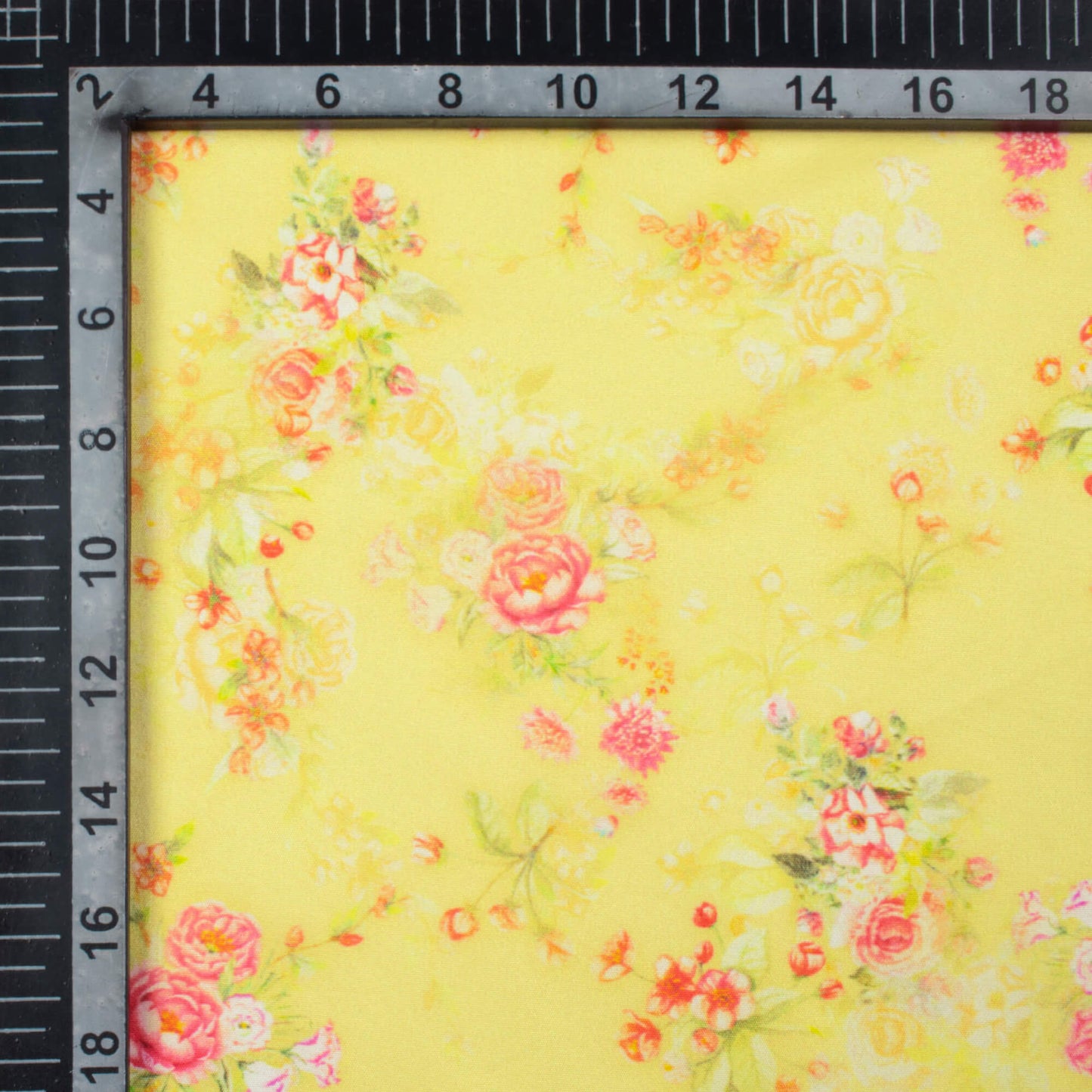 Pale Yellow And Pink Floral Pattern Digital Print Poly Micro Crepe Fabric