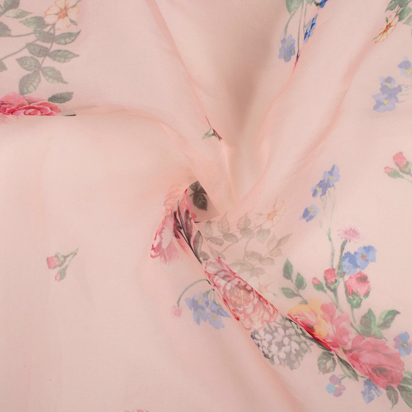 Ivory Cream And Rose Pink Floral Pattern Digital Print Organza Fabric (Width 58 Inches)
