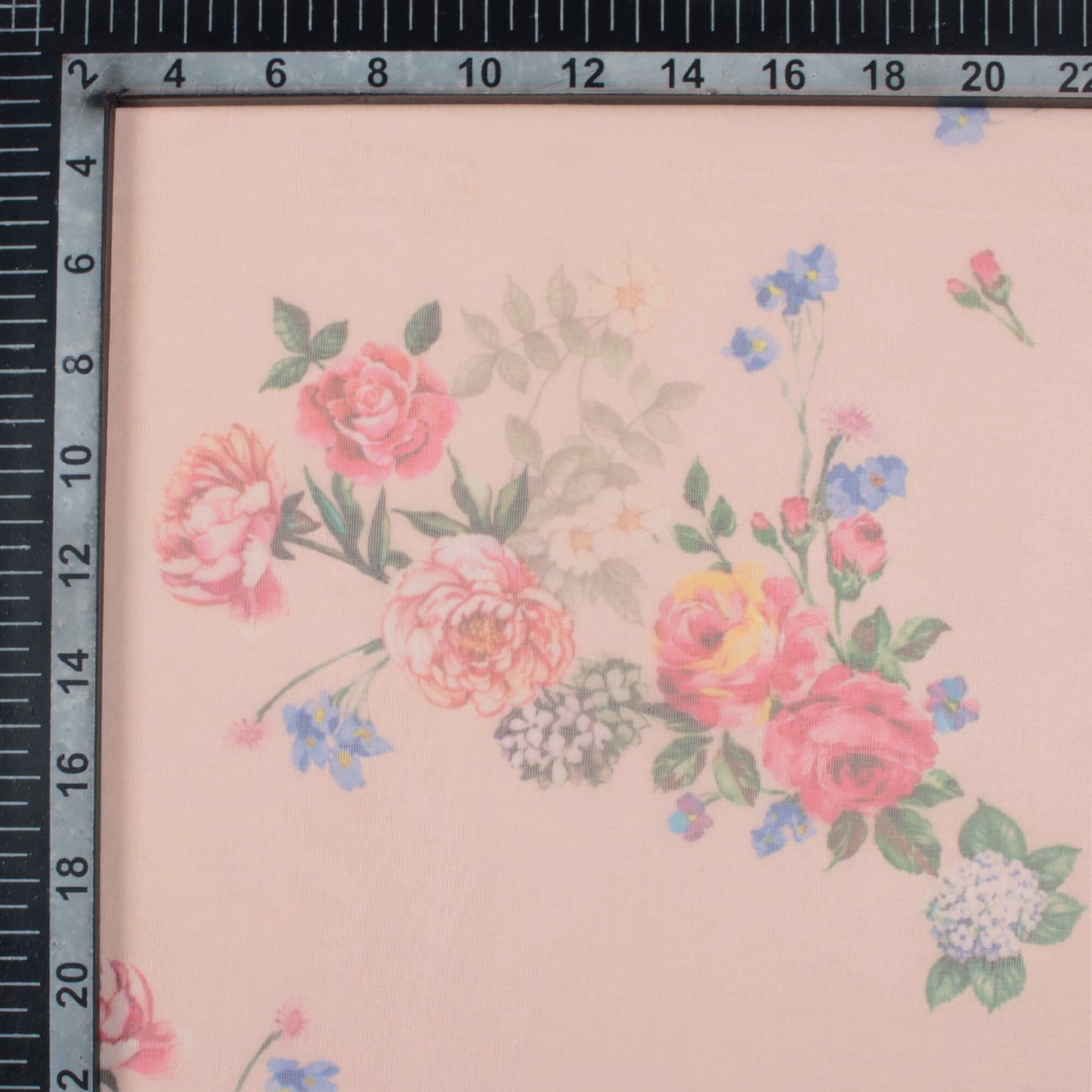 Ivory Cream And Rose Pink Floral Pattern Digital Print Organza Fabric (Width 58 Inches)