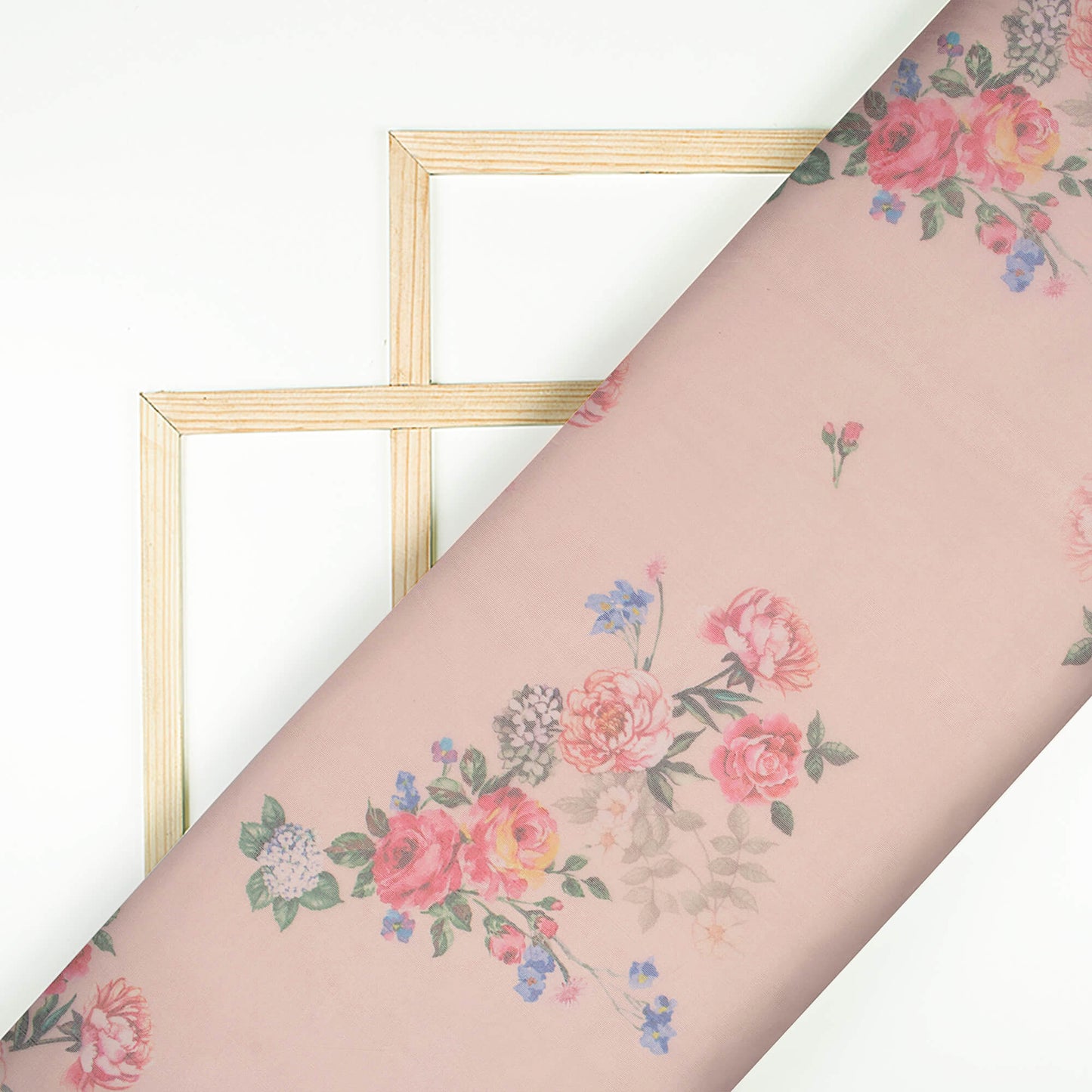 Ivory Cream And Rose Pink Floral Pattern Digital Print Organza Fabric (Width 58 Inches)