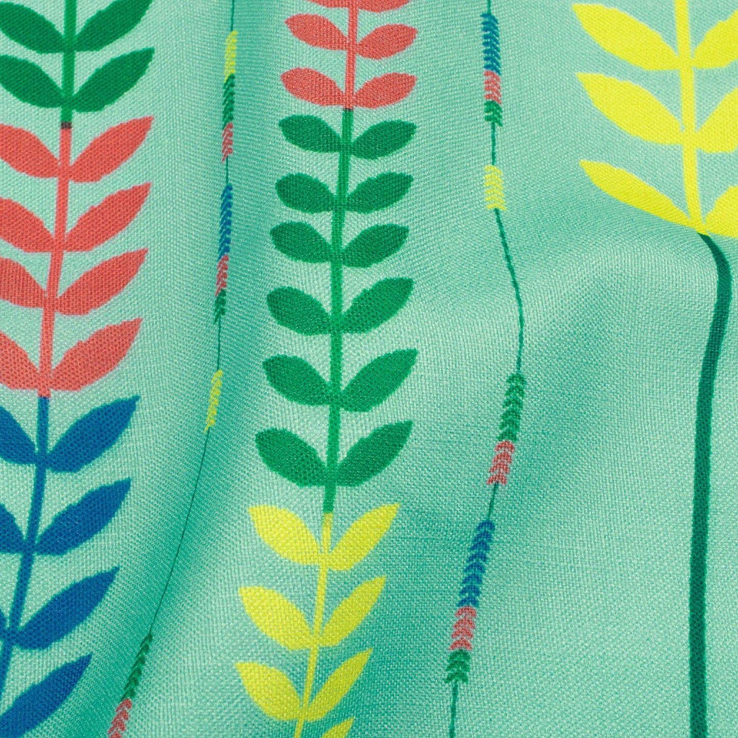 Paris Green And Yellow Leaf Pattern Digital Print Poly Linen Slub Fabric