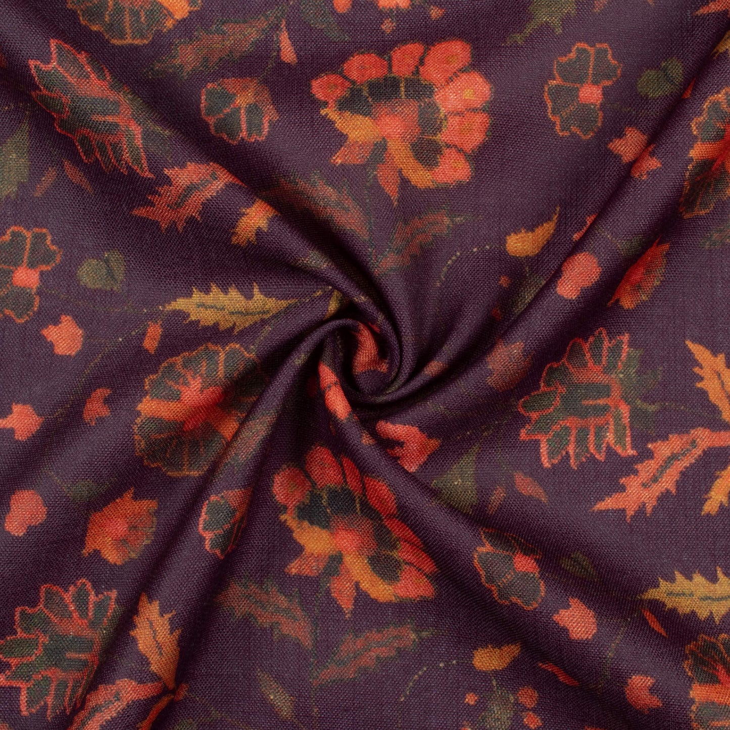 Pecan Brown And Orange Floral Pattern Digital Print Poly Linen Slub Fabric
