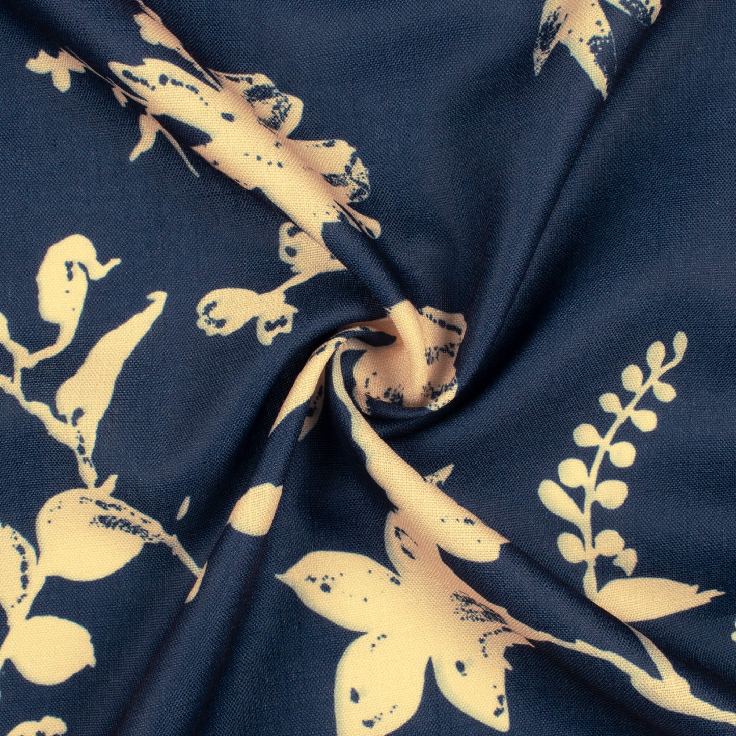 Space Blue And Sand Beige Floral Pattern Digital Print Poly Linen Slub Fabric