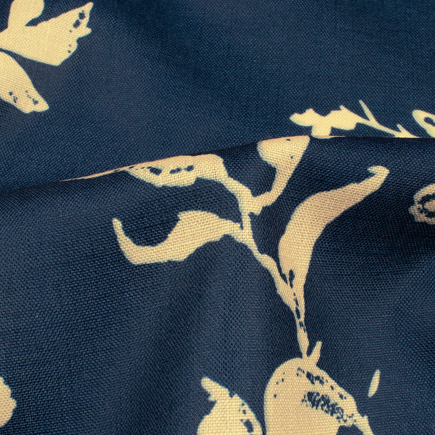 Space Blue And Sand Beige Floral Pattern Digital Print Poly Linen Slub Fabric