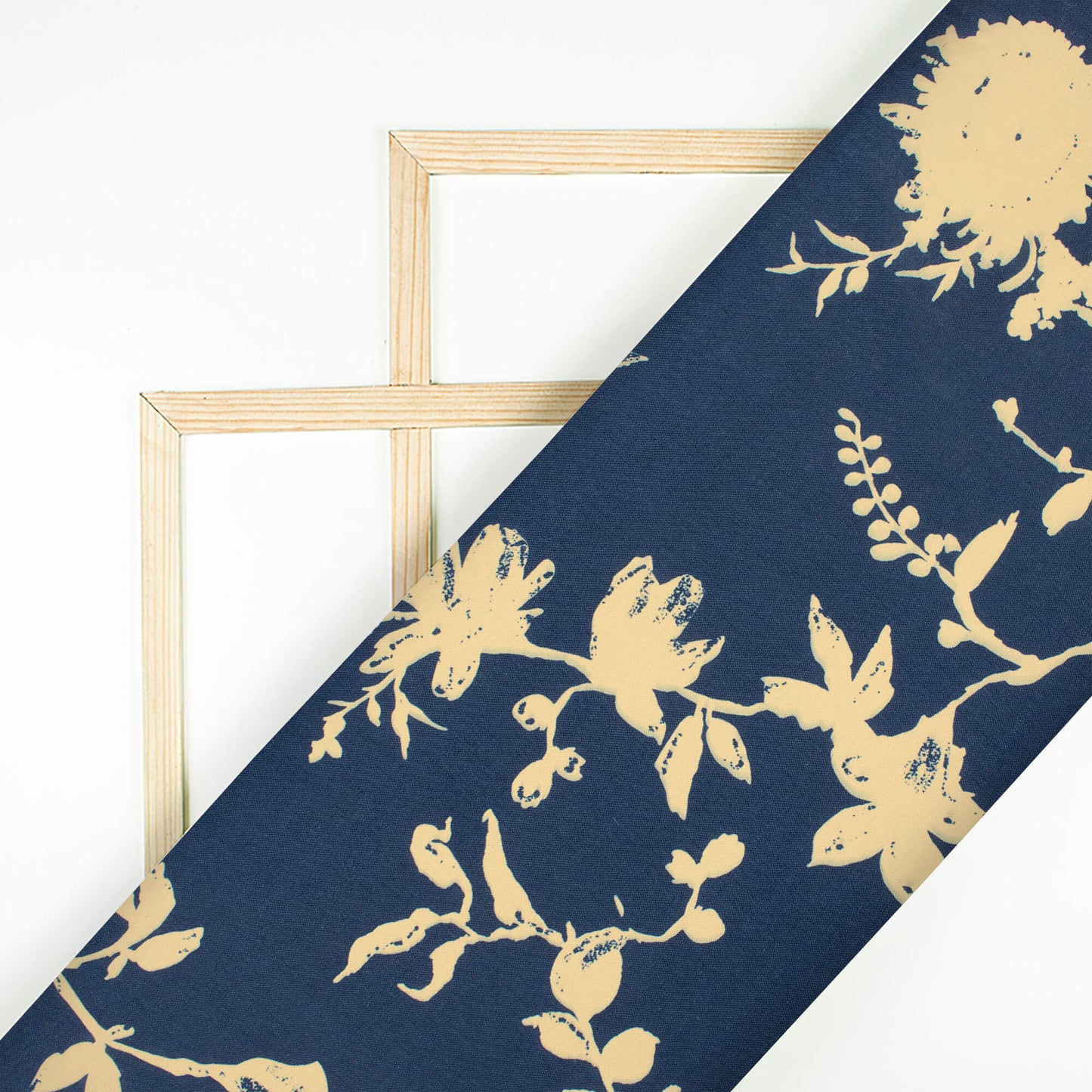 Space Blue And Sand Beige Floral Pattern Digital Print Poly Linen Slub Fabric
