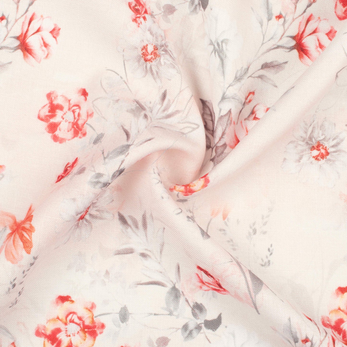 Cream And Peach Floral Pattern Digital Print Poly Linen Slub Fabric