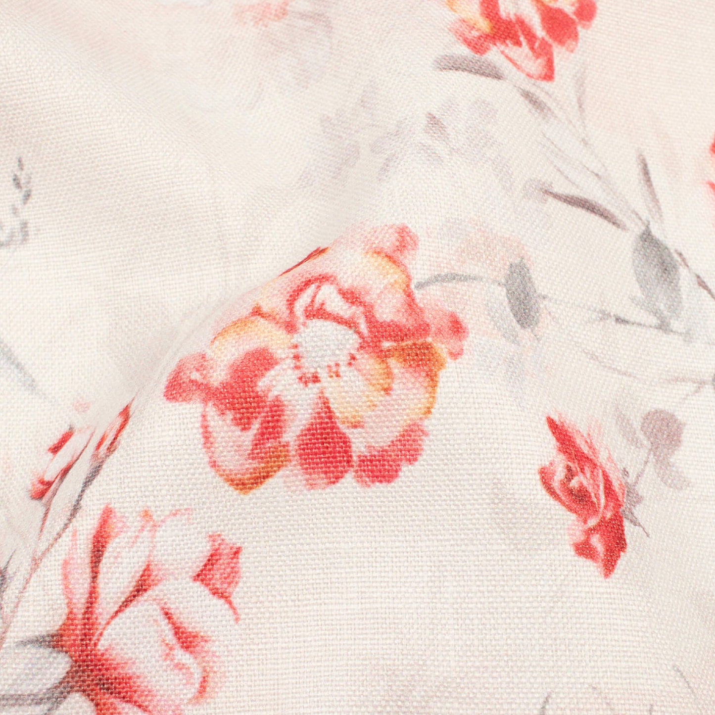 Cream And Peach Floral Pattern Digital Print Poly Linen Slub Fabric