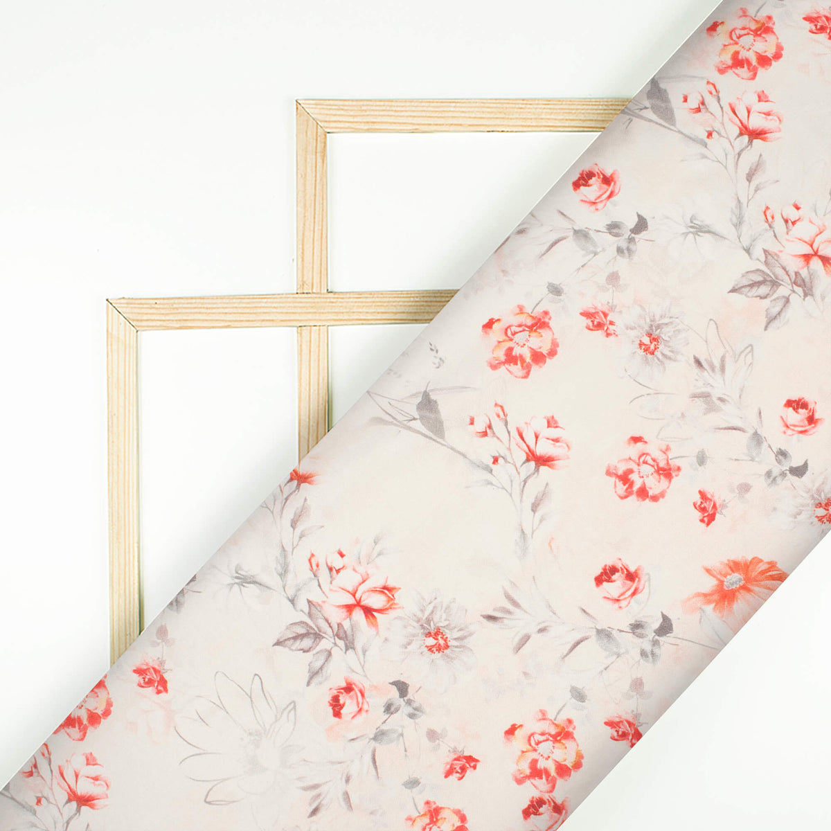 Cream And Peach Floral Pattern Digital Print Poly Linen Slub Fabric