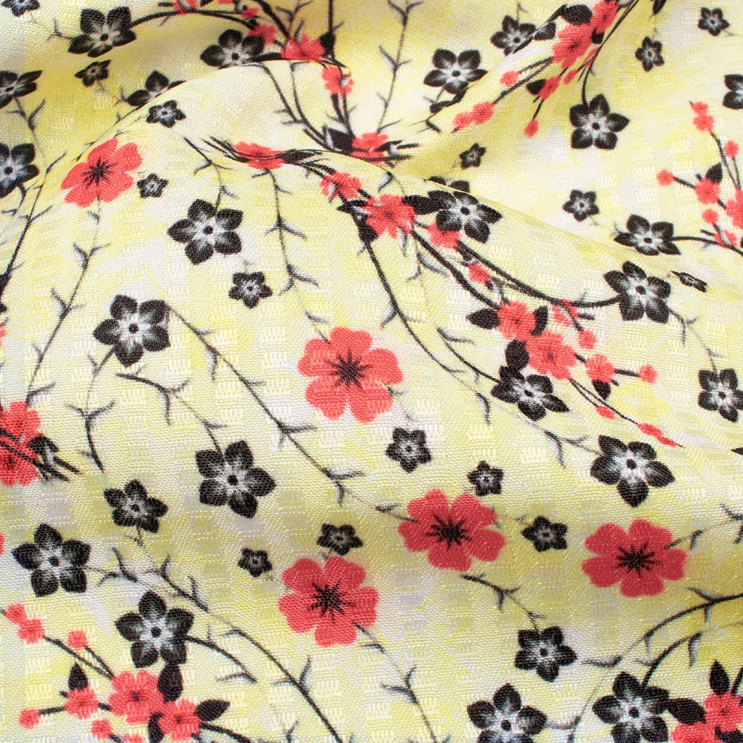 Pale Yellow And Candy Red Floral Pattern Digital Print Sherwani Fabric (Width 58 Inches)