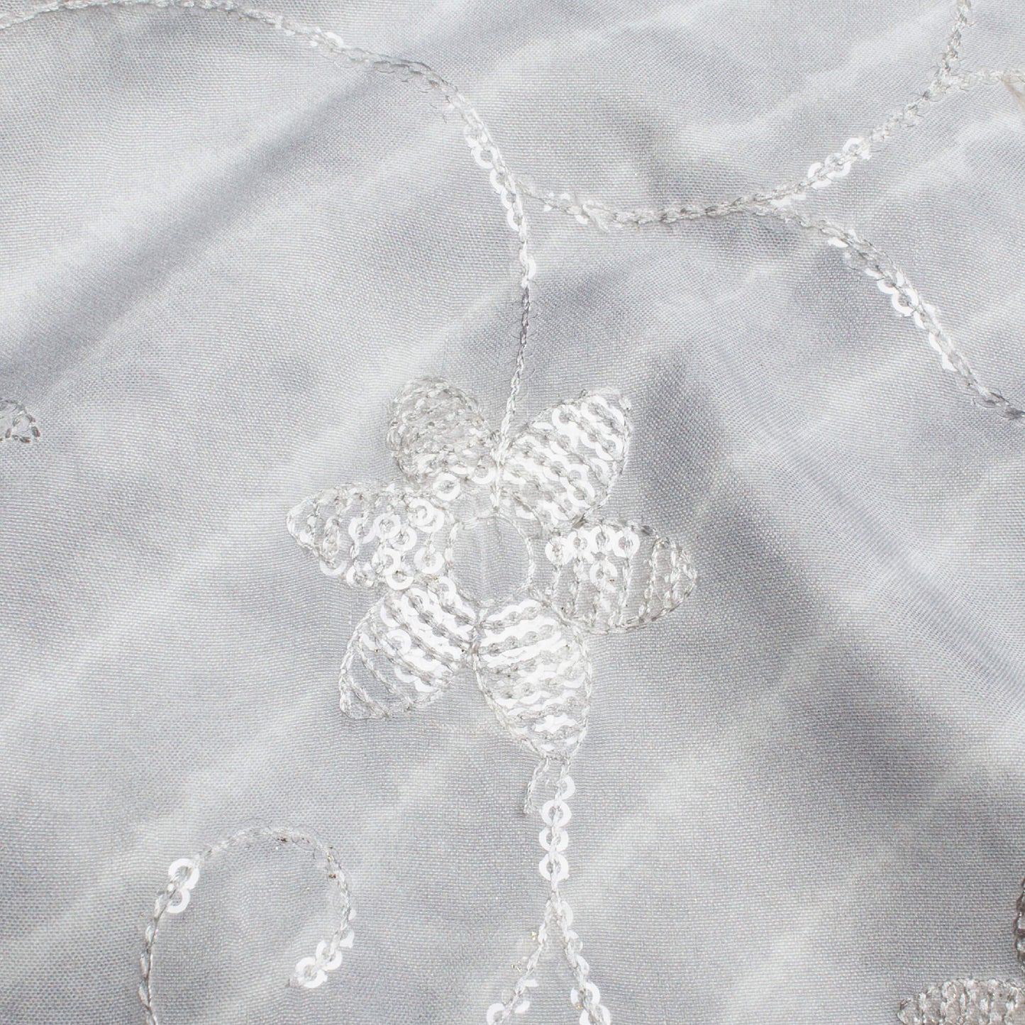 Pearl Grey And White Leheriya Pattern Digital Print Floral Sequins Embroidery Ultra Premium Butter Crepe Fabric