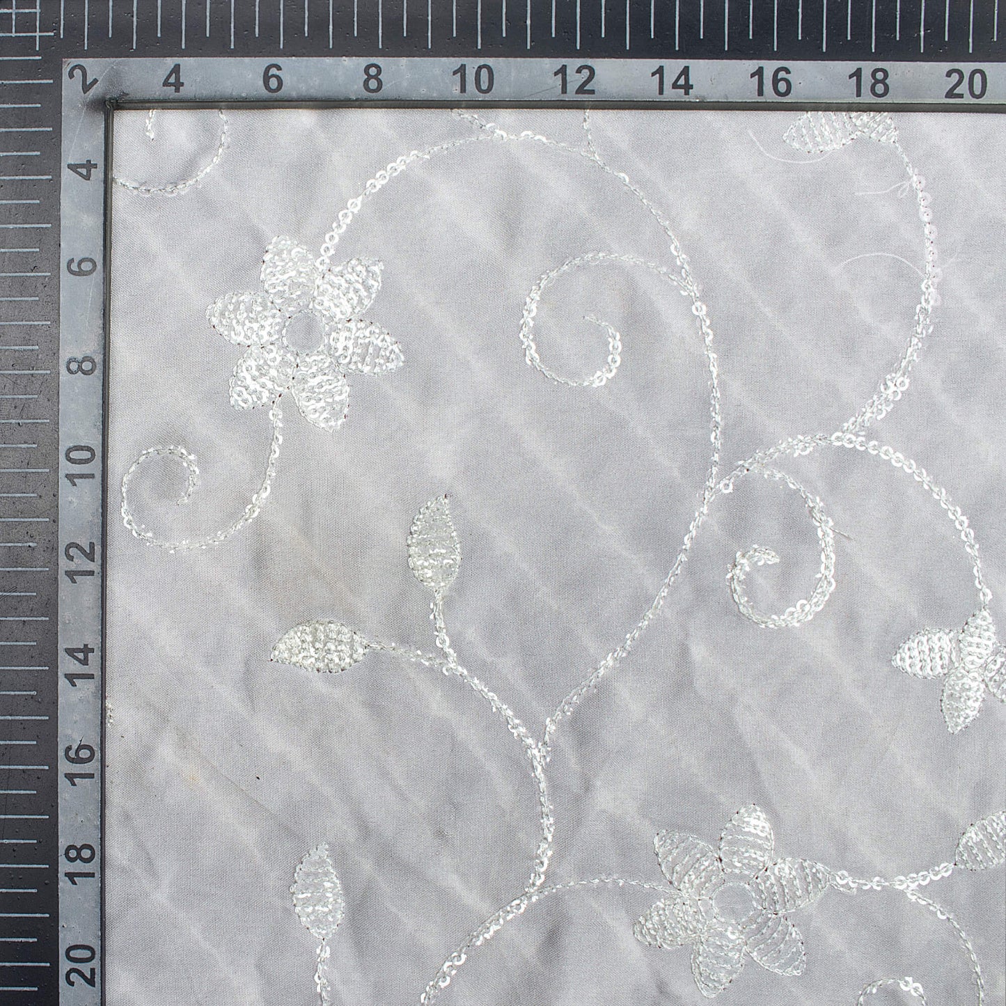 Pearl Grey And White Leheriya Pattern Digital Print Floral Sequins Embroidery Ultra Premium Butter Crepe Fabric
