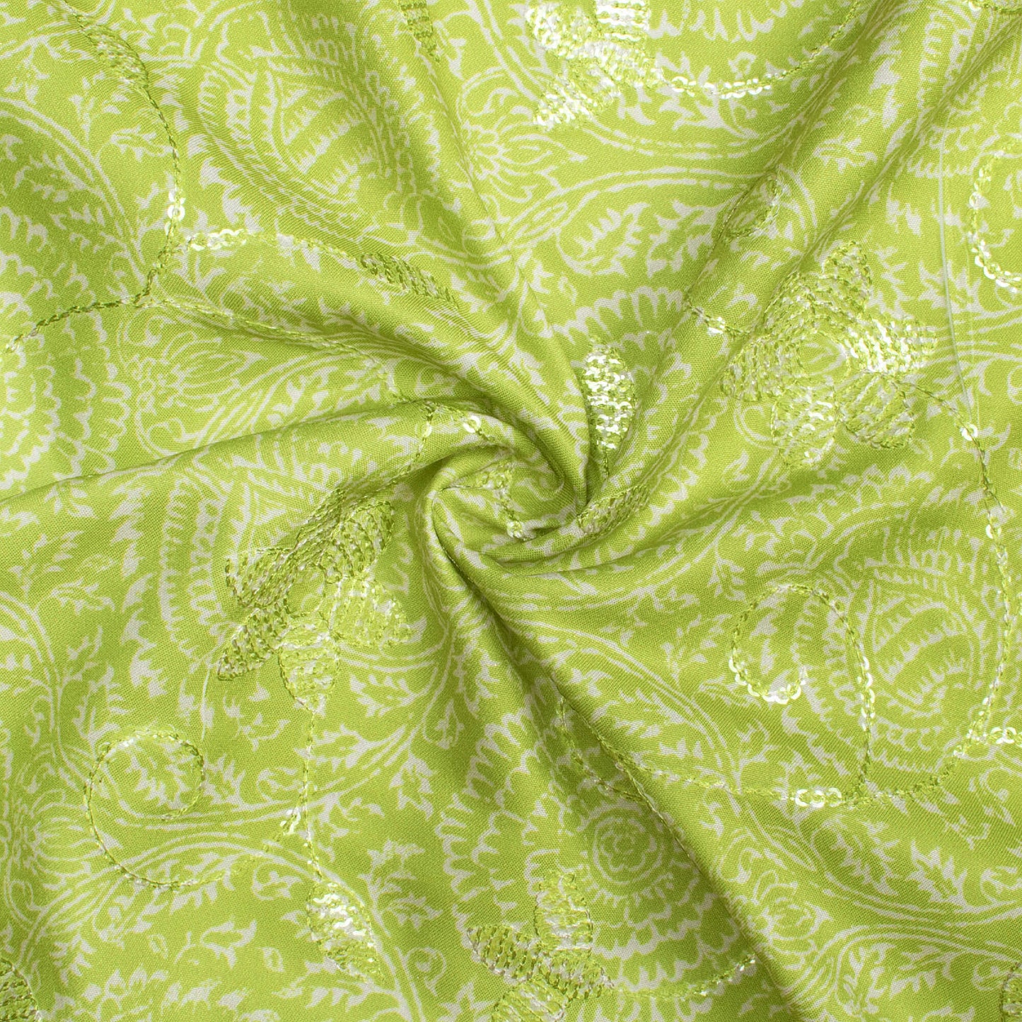Pear Green And Off White Floral Pattern Digital Print Floral Sequins Embroidery Ultra Premium Butter Crepe Fabric