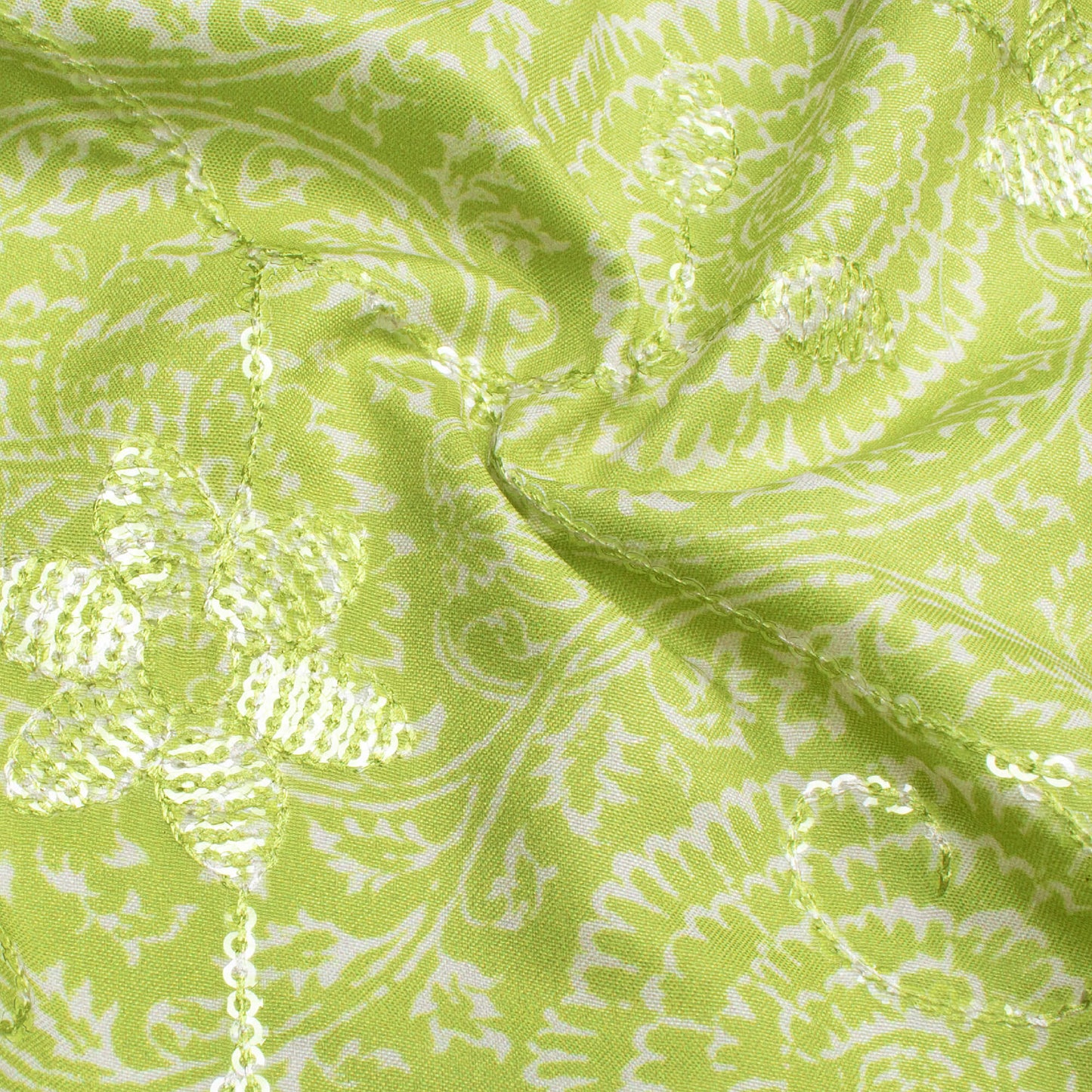 Pear Green And Off White Floral Pattern Digital Print Floral Sequins Embroidery Ultra Premium Butter Crepe Fabric