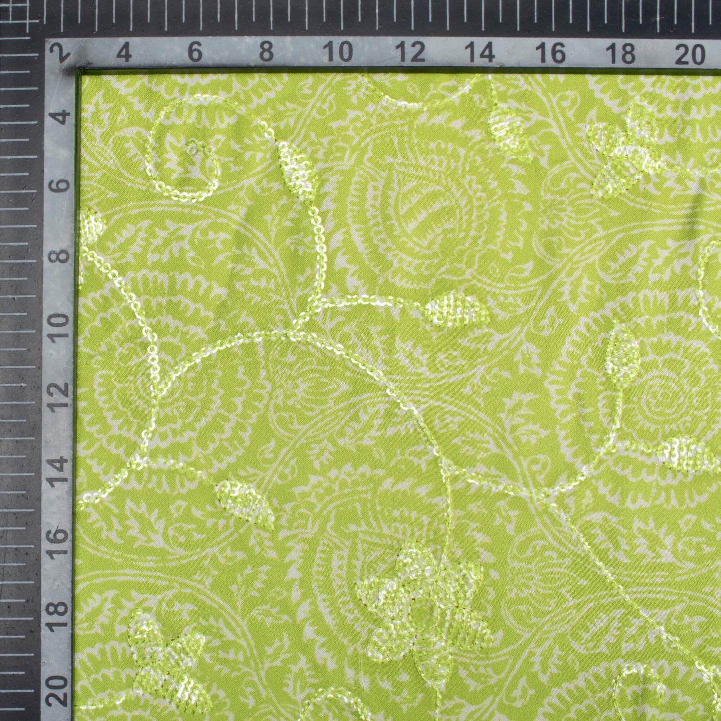 Pear Green And Off White Floral Pattern Digital Print Floral Sequins Embroidery Ultra Premium Butter Crepe Fabric