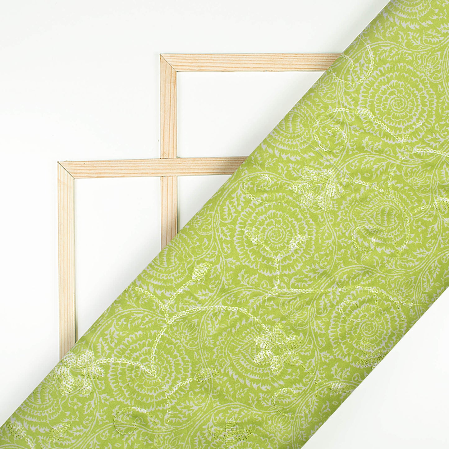 Pear Green And Off White Floral Pattern Digital Print Floral Sequins Embroidery Ultra Premium Butter Crepe Fabric