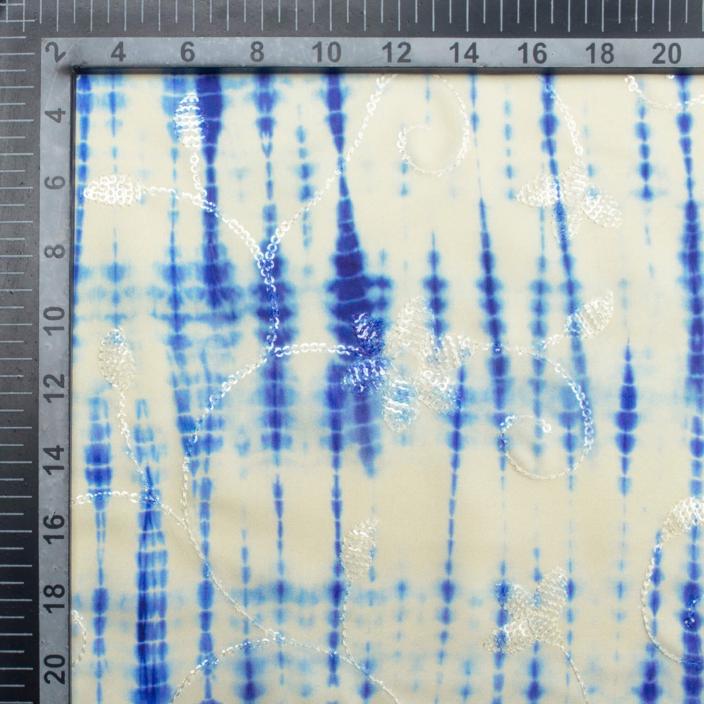 Ivory Cream And Royal Blue Shibori Pattern Digital Print Floral Sequins Embroidery Ultra Premium Butter Crepe Fabric
