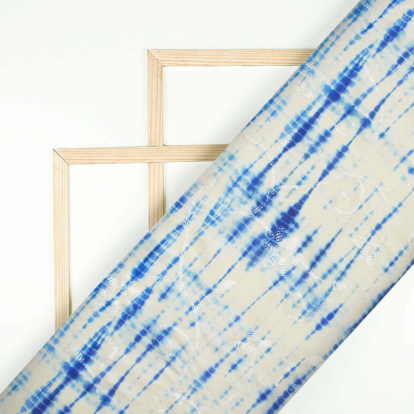 Ivory Cream And Royal Blue Shibori Pattern Digital Print Floral Sequins Embroidery Ultra Premium Butter Crepe Fabric