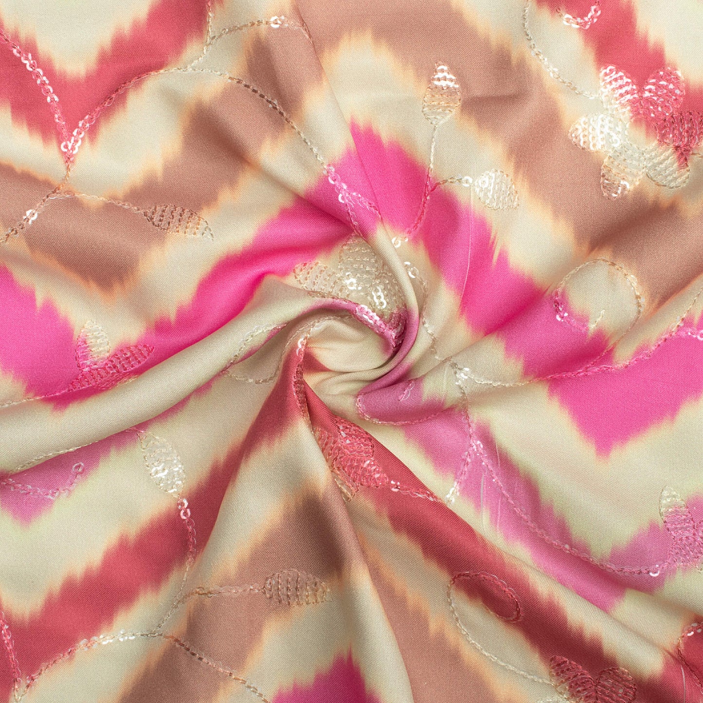 Hot Pink And Oat Beige Chevron Pattern Digital Print Floral Sequins Embroidery Ultra Premium Butter Crepe Fabric
