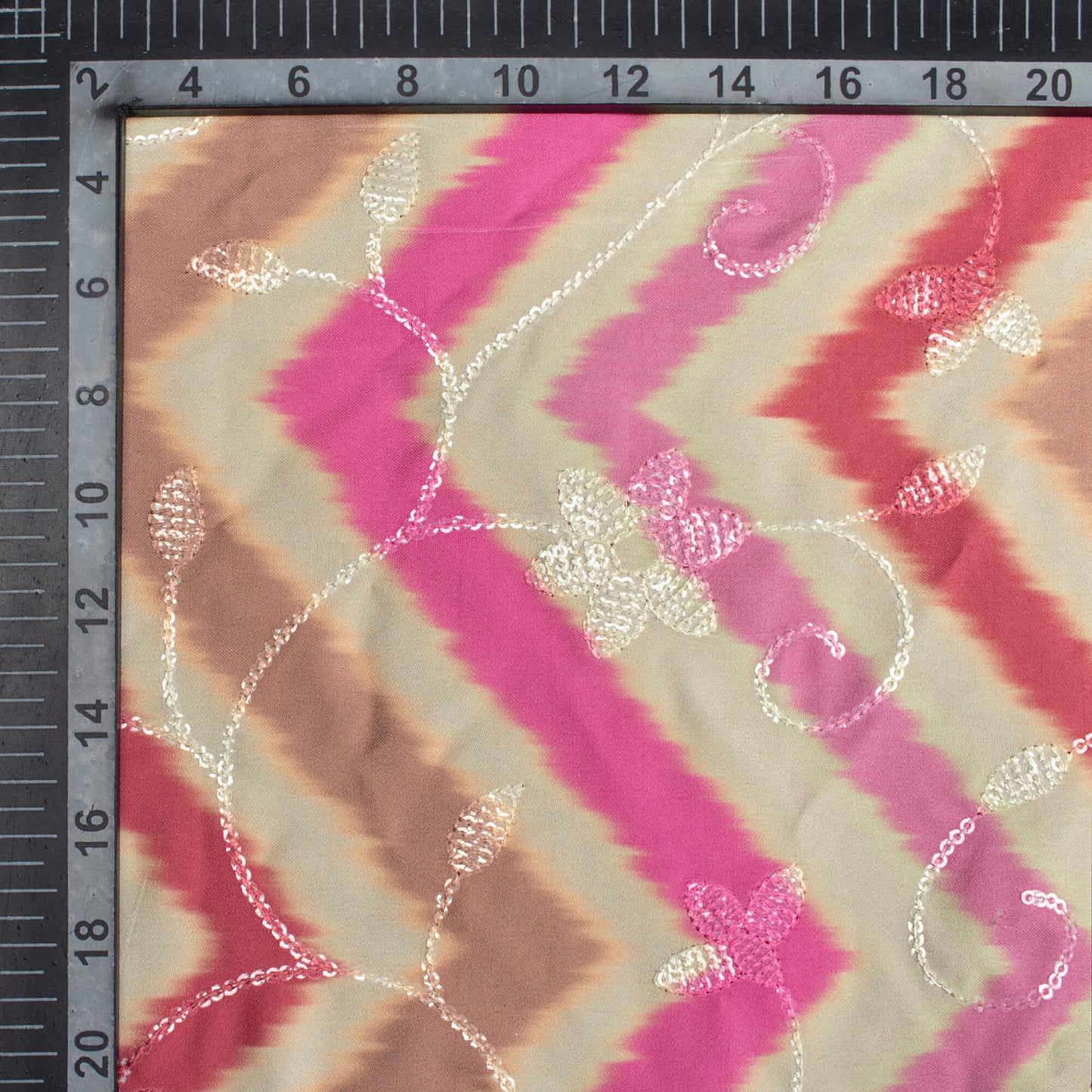 Hot Pink And Oat Beige Chevron Pattern Digital Print Floral Sequins Embroidery Ultra Premium Butter Crepe Fabric