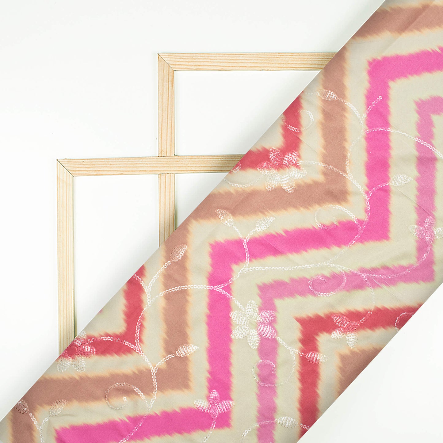 Hot Pink And Oat Beige Chevron Pattern Digital Print Floral Sequins Embroidery Ultra Premium Butter Crepe Fabric