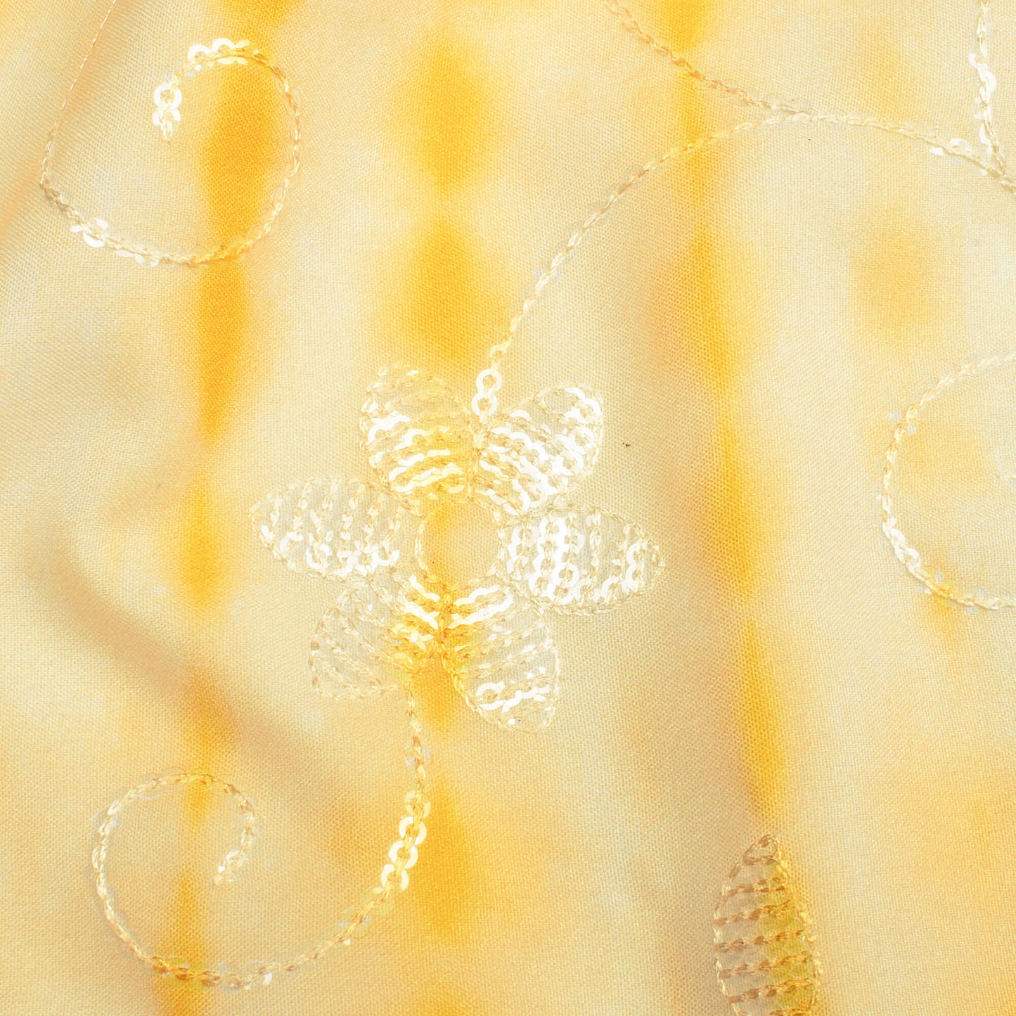 Amber Yellow And White Shibori Pattern Digital Print Floral Sequins Embroidery Ultra Premium Butter Crepe Fabric