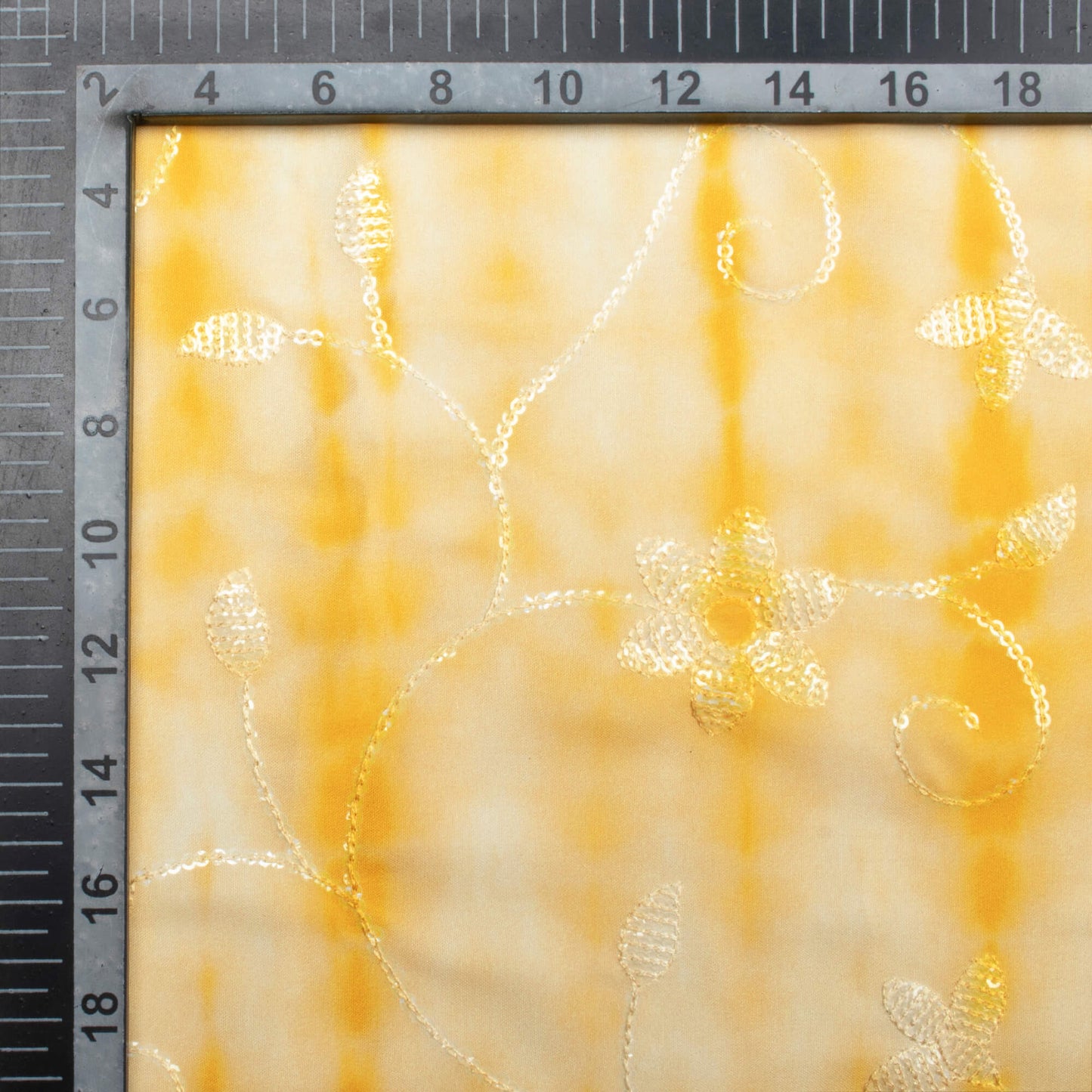 Amber Yellow And White Shibori Pattern Digital Print Floral Sequins Embroidery Ultra Premium Butter Crepe Fabric
