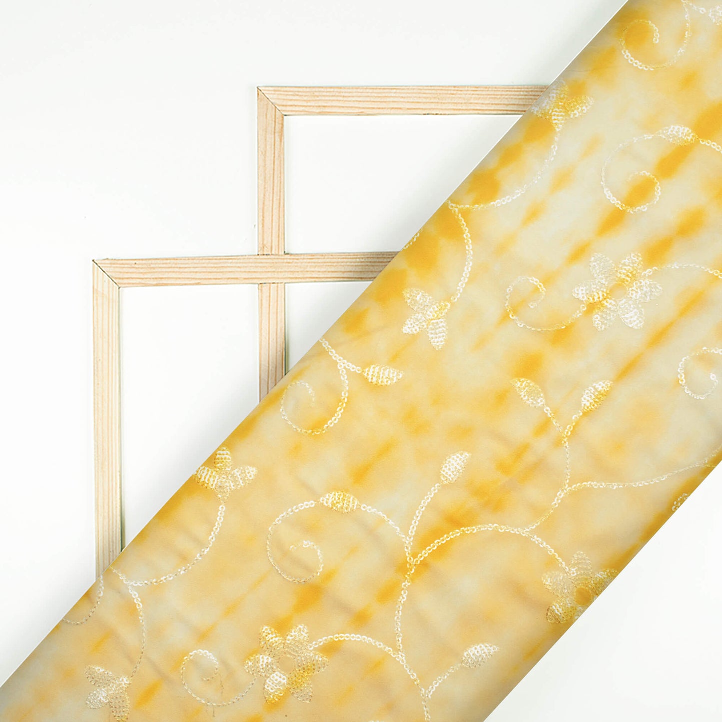 Amber Yellow And White Shibori Pattern Digital Print Floral Sequins Embroidery Ultra Premium Butter Crepe Fabric