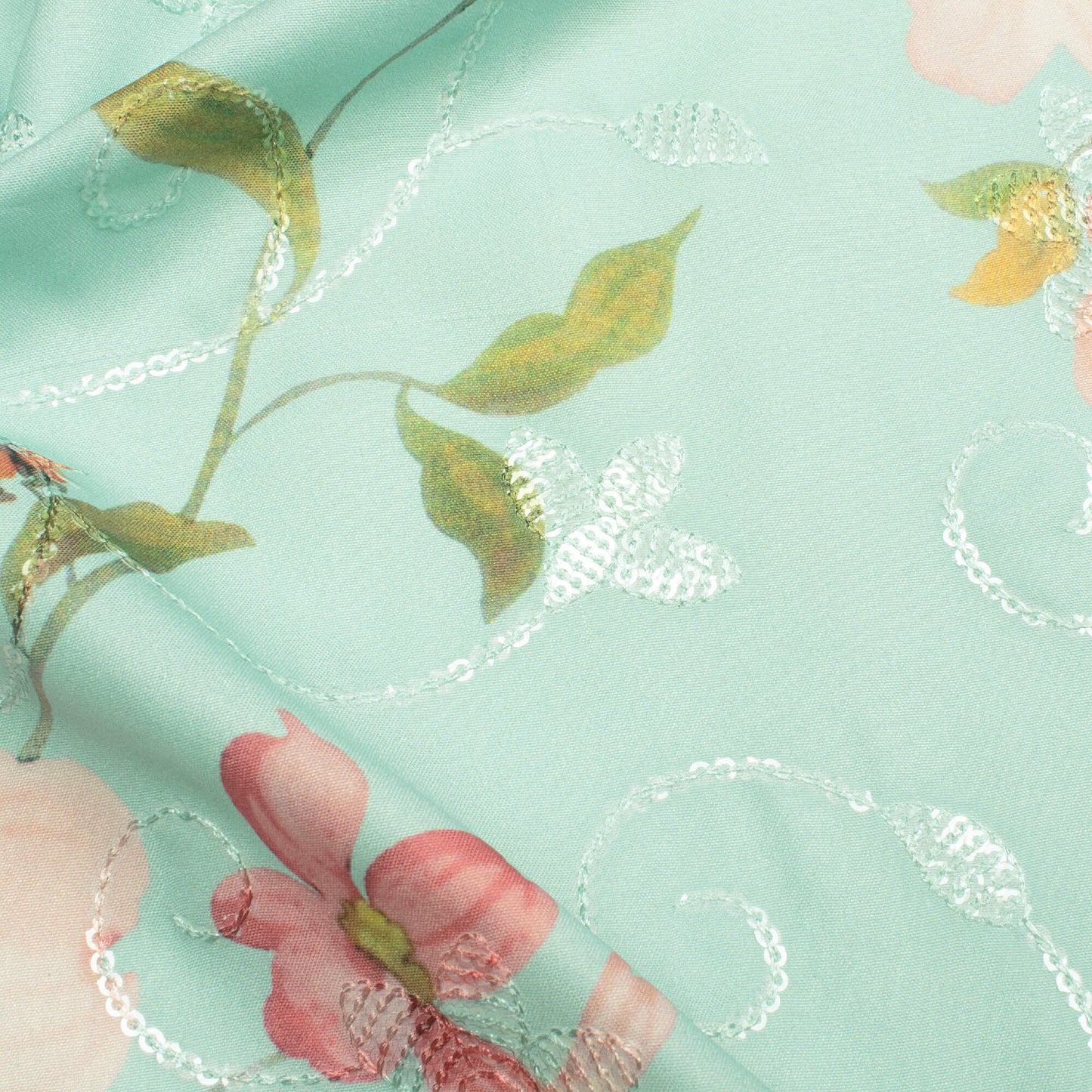 Light Blue And Lavender Pink Floral Pattern Digital Print Floral Sequins Embroidery Ultra Premium Butter Crepe Fabric